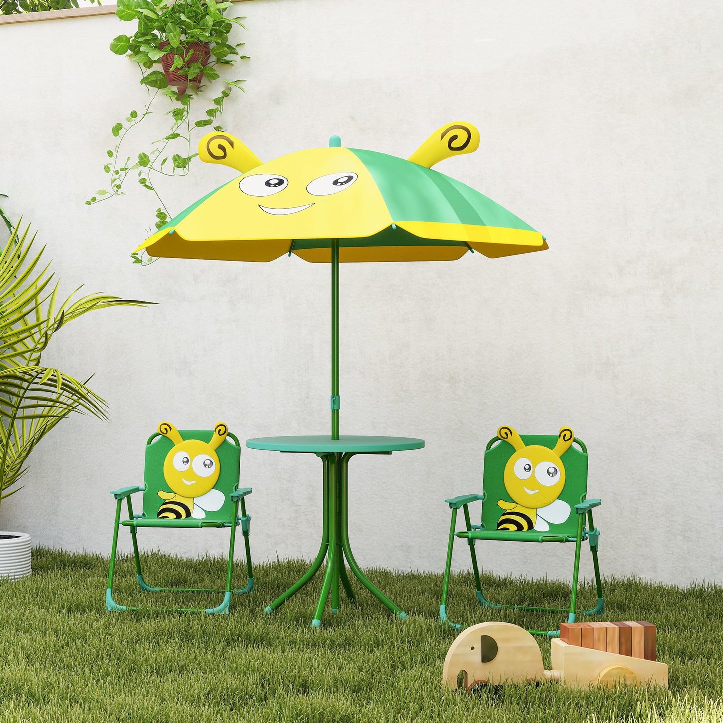 Qaba Kids Picnic Table and Chair Set, Outdoor Activity Table with Foldable Chairs, Removable Umbrella, Bee Pattern Toddler Patio Furniture for Backyard, Garden, Green
