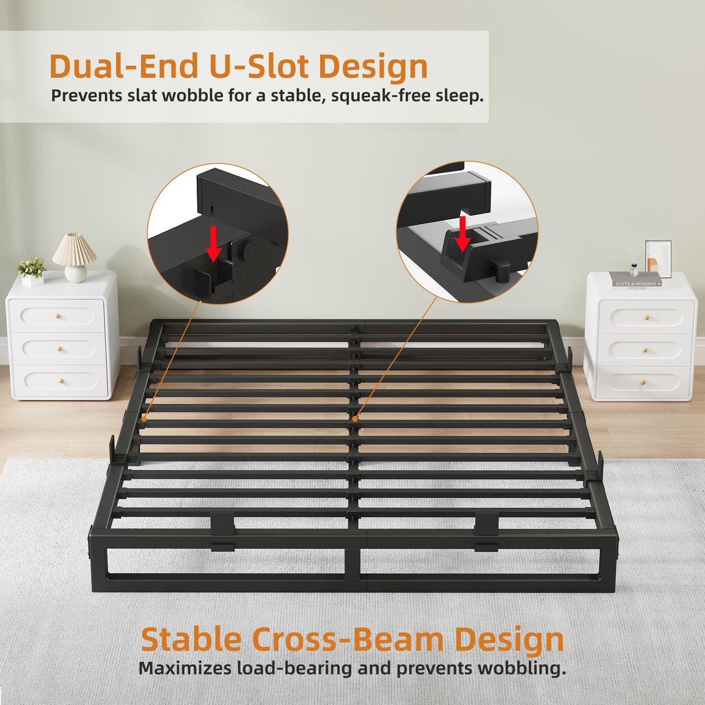 Cresyfu King Size Bed Frame, 6 Inch Metal Platform Bed Frames with Squeak Free U-Slot Design, 6 Non-Slip Guards, 3500lbs Heavy Duty Steel Slat Support, No Box Spring Needed, Under Bed Storage, Black