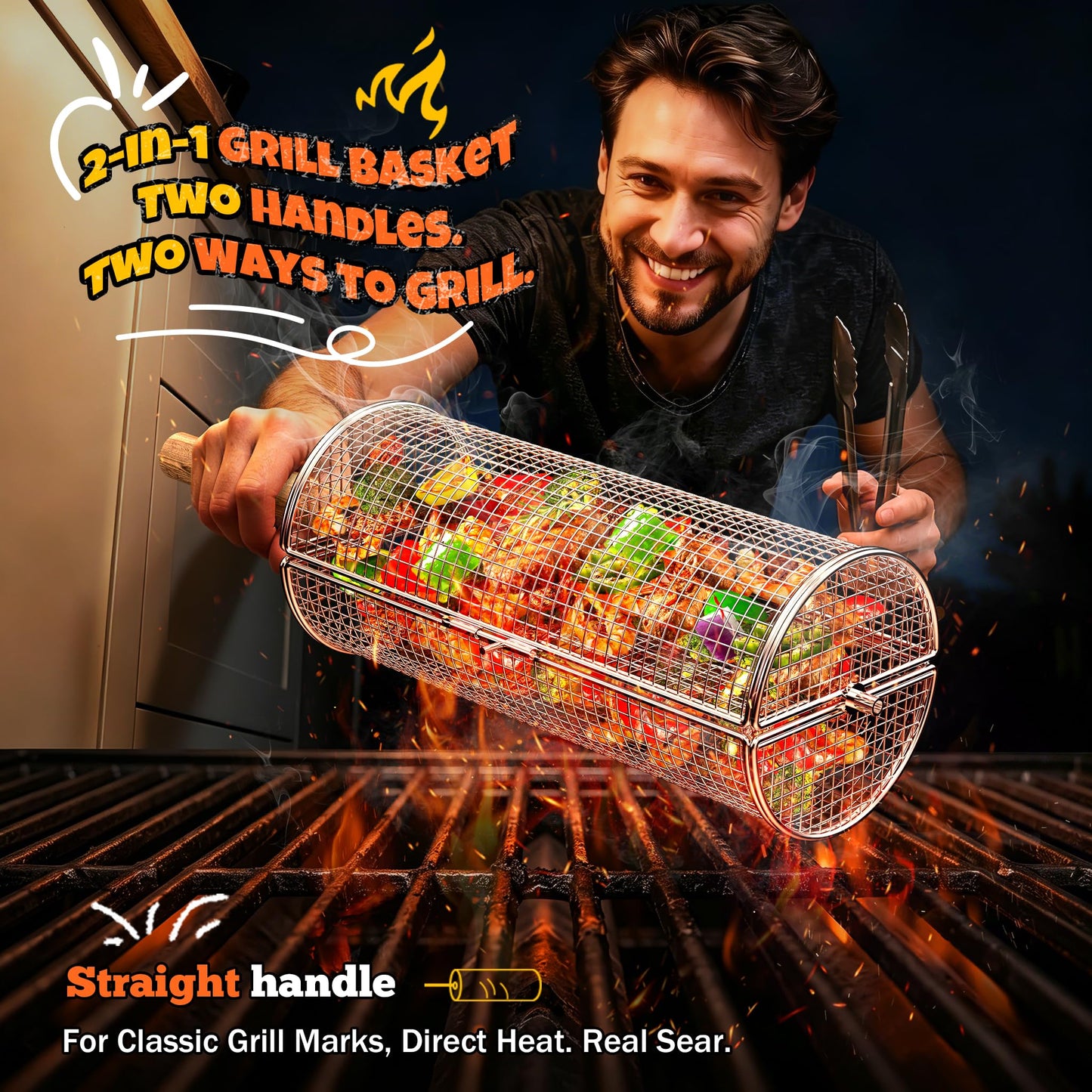 2-in-1 Rolling Grill Basket with Dual Handles, 304 Stainless Steel Rotatable BBQ Basket with Crank Handle & Straight Grip Handle, Grill Net for Vegetables, Shrimp & More, Gift Idea for Men, Dad, Husband