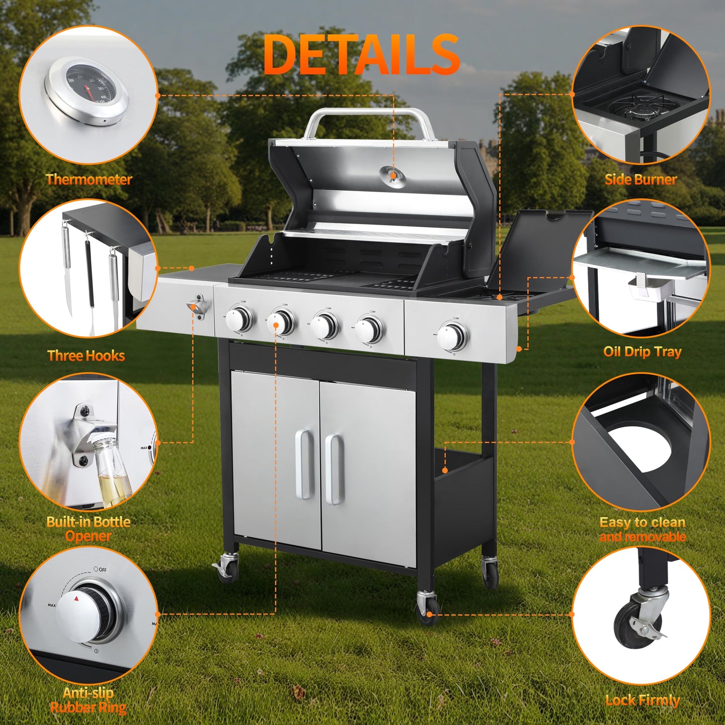 IdeaMaxx Propane Gas Grill 4 Burner, 49,000 BTU Outdoor BBQ Grill with Side Burner, Porcelain Cast Iron Grates & Stainless Steel, Fast Heating for Backyard, Camping, Tailgating