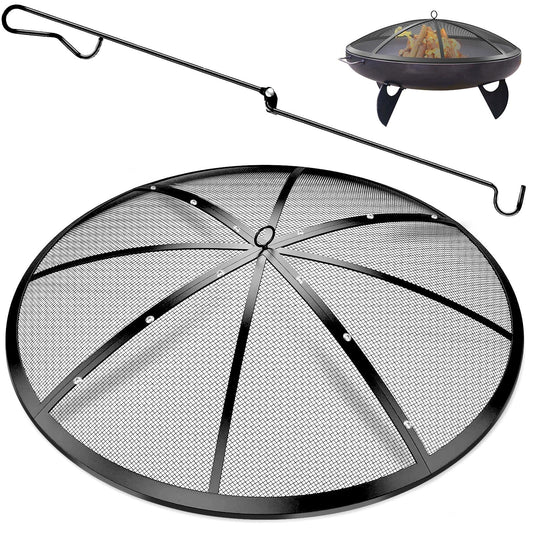 Fire Pit Spark Screen, 27 Inch Fire Pit Screen with Handle & Poker, Heavy-Duty Steel Fire Pit Cover Round Mesh Replacement Outdoor Firepit Screen Lid for Backyard/Beach/RV Camping