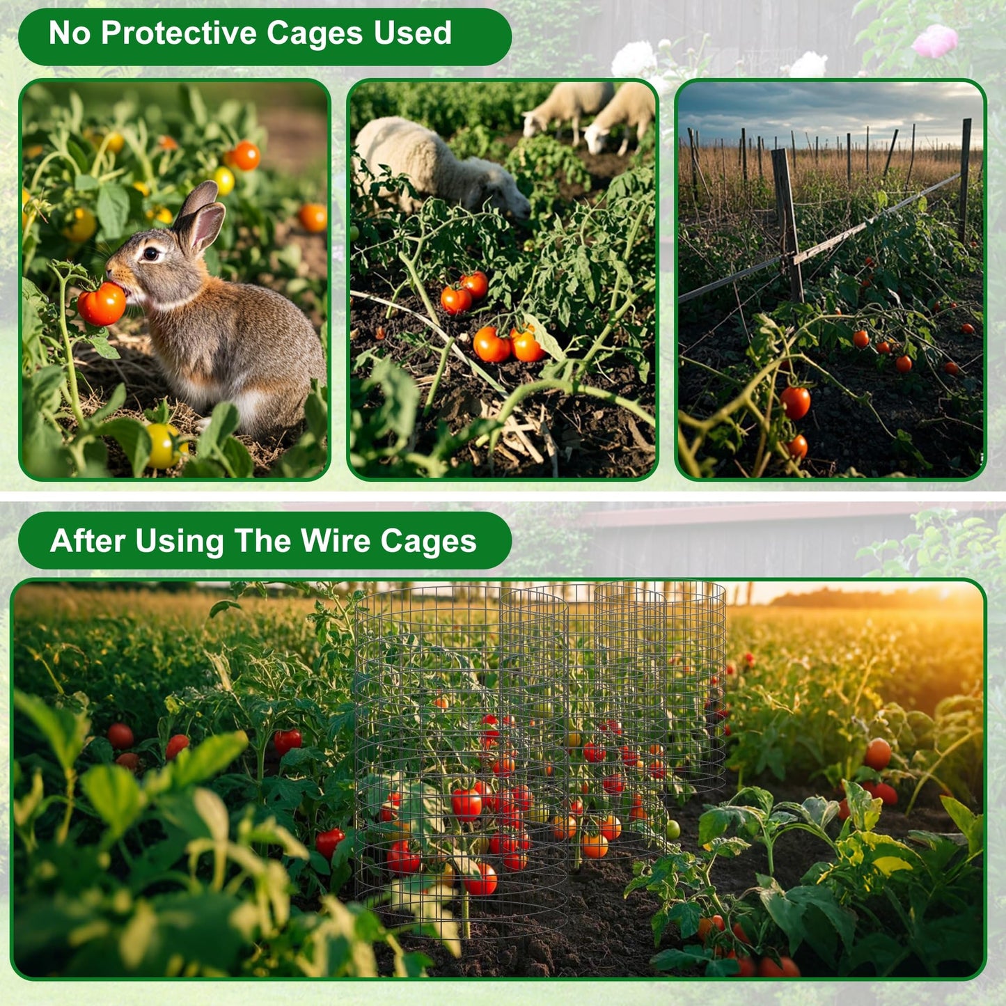 winemana 12 Set Garden Plant Protector Cage,36 Pcs 16x12 in Metal Wire Protectors for Plants Protection Cages with Stakes Ties Animals Barrier to Keep Rabbit Chicken Away from Flower Vegetables(Black)
