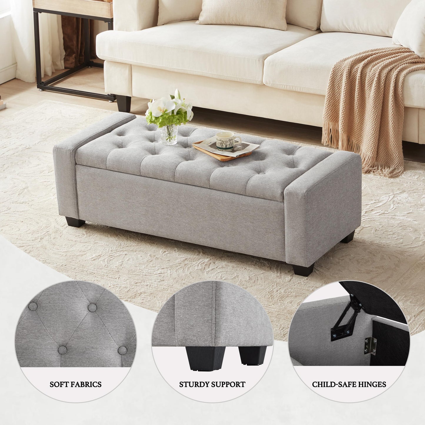 Huatean Home 48" Ottoman with Storage, Storage Ottoman Bench with Safety Hinge, Upholstered Entryway Bench with Seating for Bedroom, Living Room, Holds up to 330 lb(Light Gray)