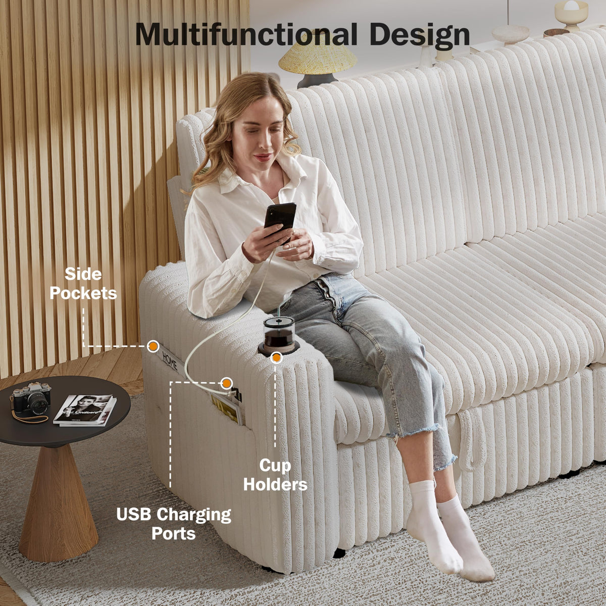 Sunny Heart 101" Plush Corduroy L Shaped Sectional Sleeper Sofa Bed with Pull Out Bed, Reclining Backrest, Reversible Storage Chaise, USB Ports, Cup Holders, Tool Free Assembly, Beige
