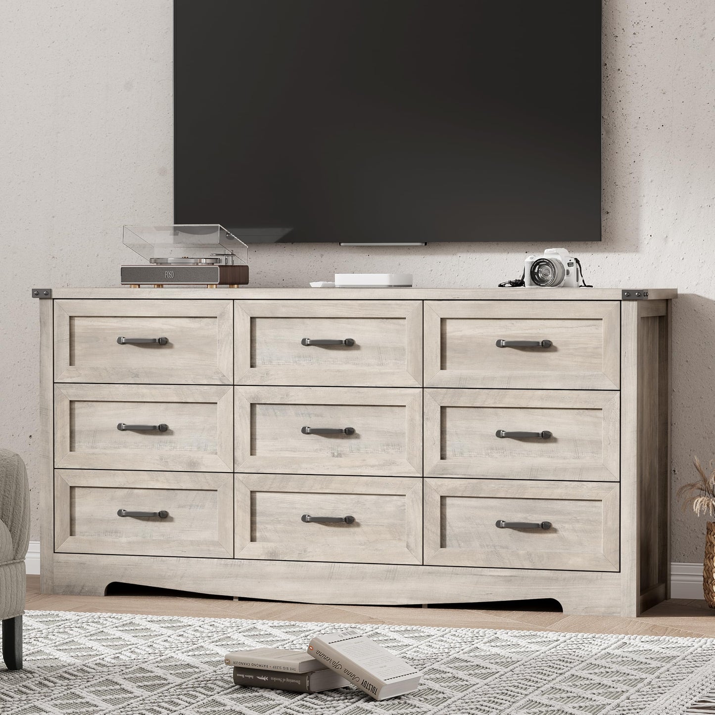 Dresser for Bedroom with 9 Drawers, 59" Wide Wood Chest of Drawers with Deep Drawers & Mental Handle, Modern Dresser TV Stand, Wooden Closet Storage Organizer for Living Room, Hallway, Entryway, Grey