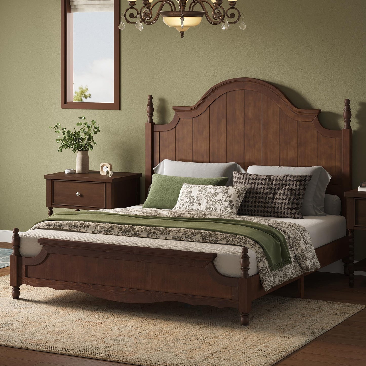 AMERLIFE Solid Wood California King Bed Frame, Traditional Poster Platform Bed with 55" Tall Arched Headboard, Wood Slat Support, No Box Spring Required, Dark Walnut