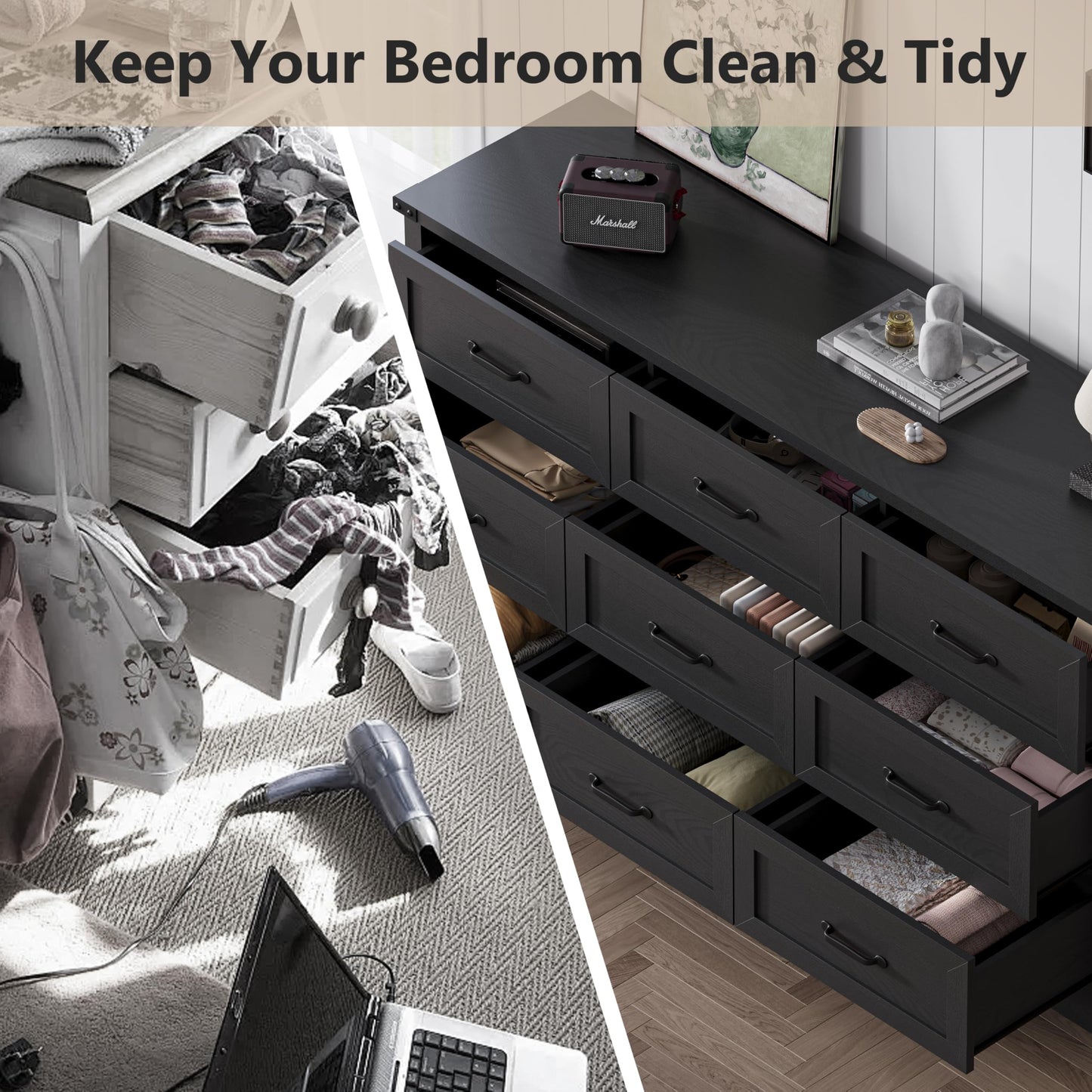 Thacuok Black Dresser for Bedroom, 59'' Wide Chest of Drawers with Natural Wood Texture, 9 Drawer Dresser for Closet with Metal Handles, Sleek Storage Solution for Living Room, Office, Hallway