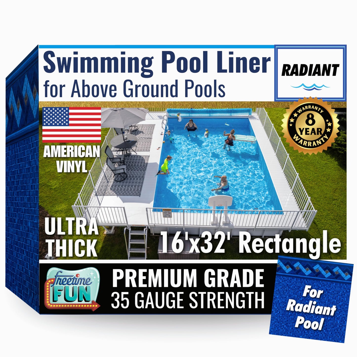Freetime Fun Permalast Pool Liner | 16 Foot by 32 Foot Rectangle | 52 inch Wall Height | 20 MIL Virgin American Liner 8 YR Full Warranty | for Radiant Beaded Style Above Ground Swimming Pools