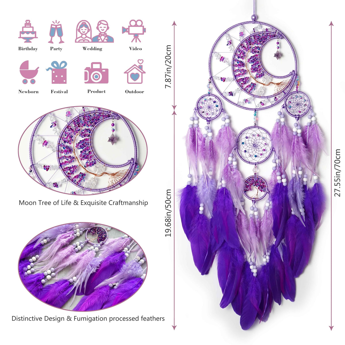 Large Dream Catchers, Handmade Woven Moon Healing Crystal Stone Dream Catcher Wall Hanging Ornament for Bedroom Living Room Wedding Party Decor, Festival Blessing Craft Gift (Purple Moon)