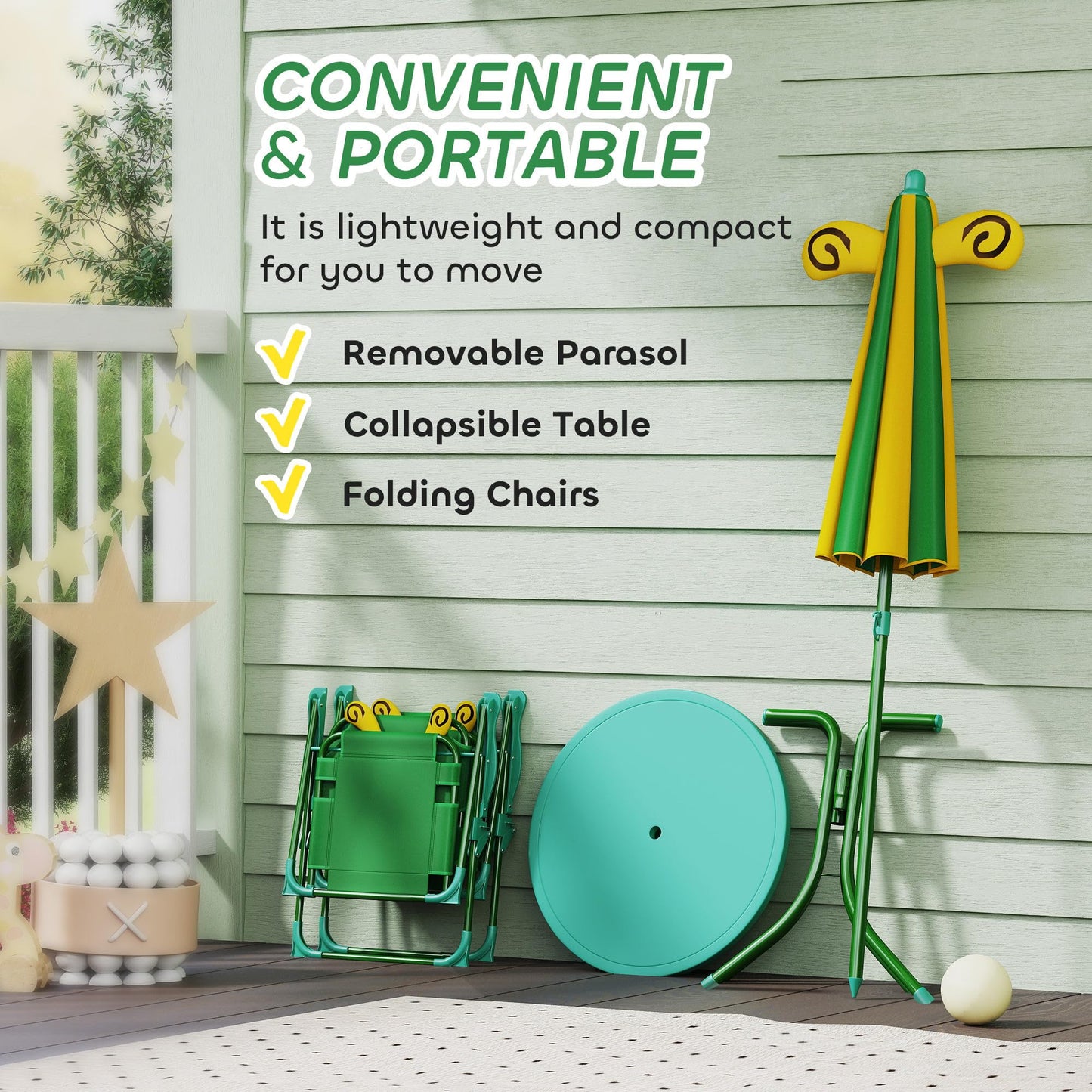 Qaba Kids Picnic Table and Chair Set, Outdoor Activity Table with Foldable Chairs, Removable Umbrella, Bee Pattern Toddler Patio Furniture for Backyard, Garden, Green