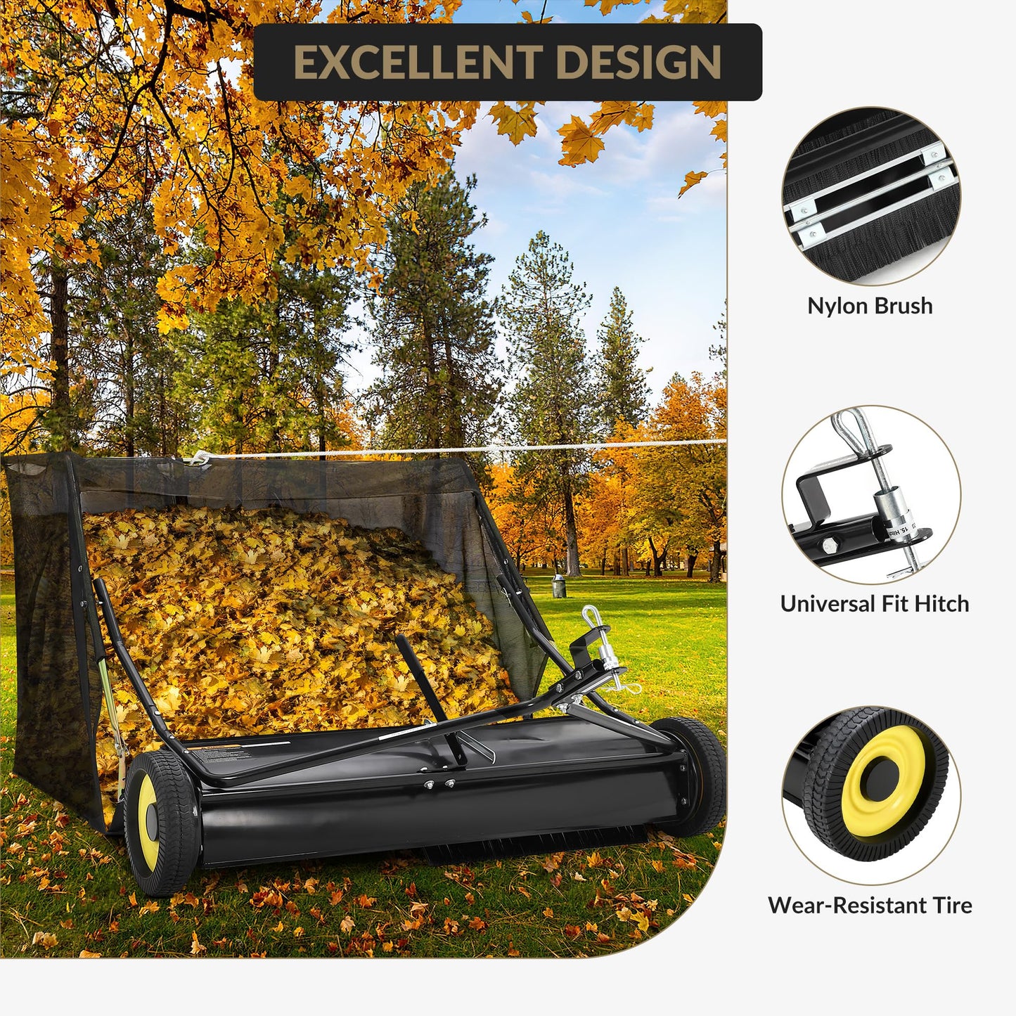 44" Pull Behind Lawn Sweeper, Large Capacity 26 Cu. ft. Leaf & Grass Collector with Adjustable Brush Height, Foldable Design, Dumping Rope for Picking Up Grass and Debris