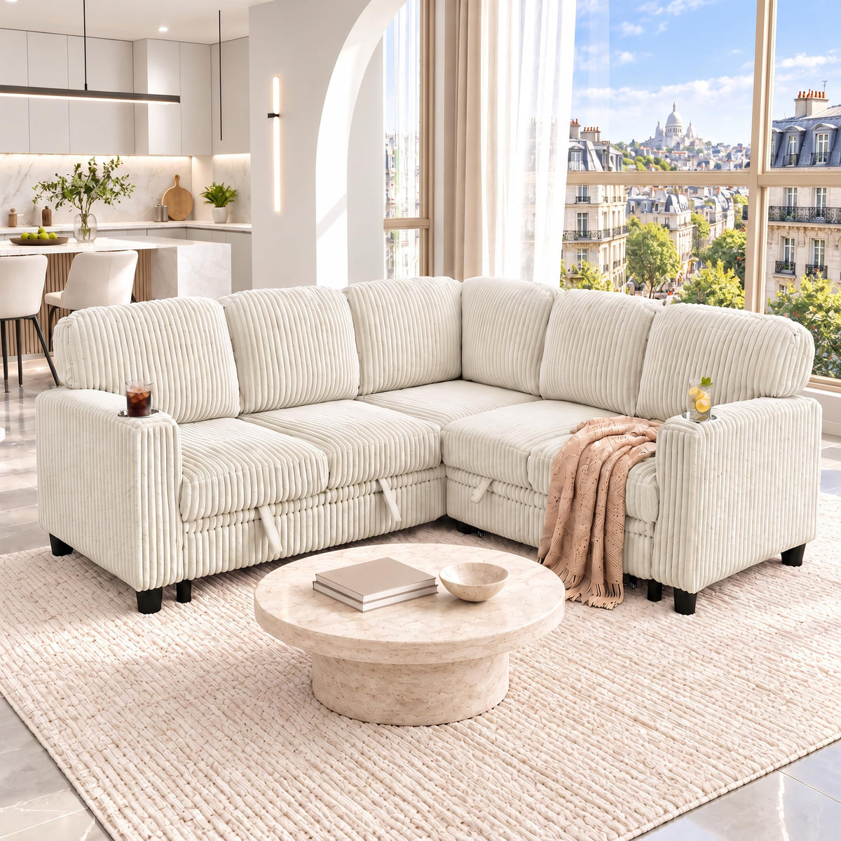 KavlSean 81" Corduroy L Shaped Sectional Sleeper Sofa Pull Out Bed 5-Seater