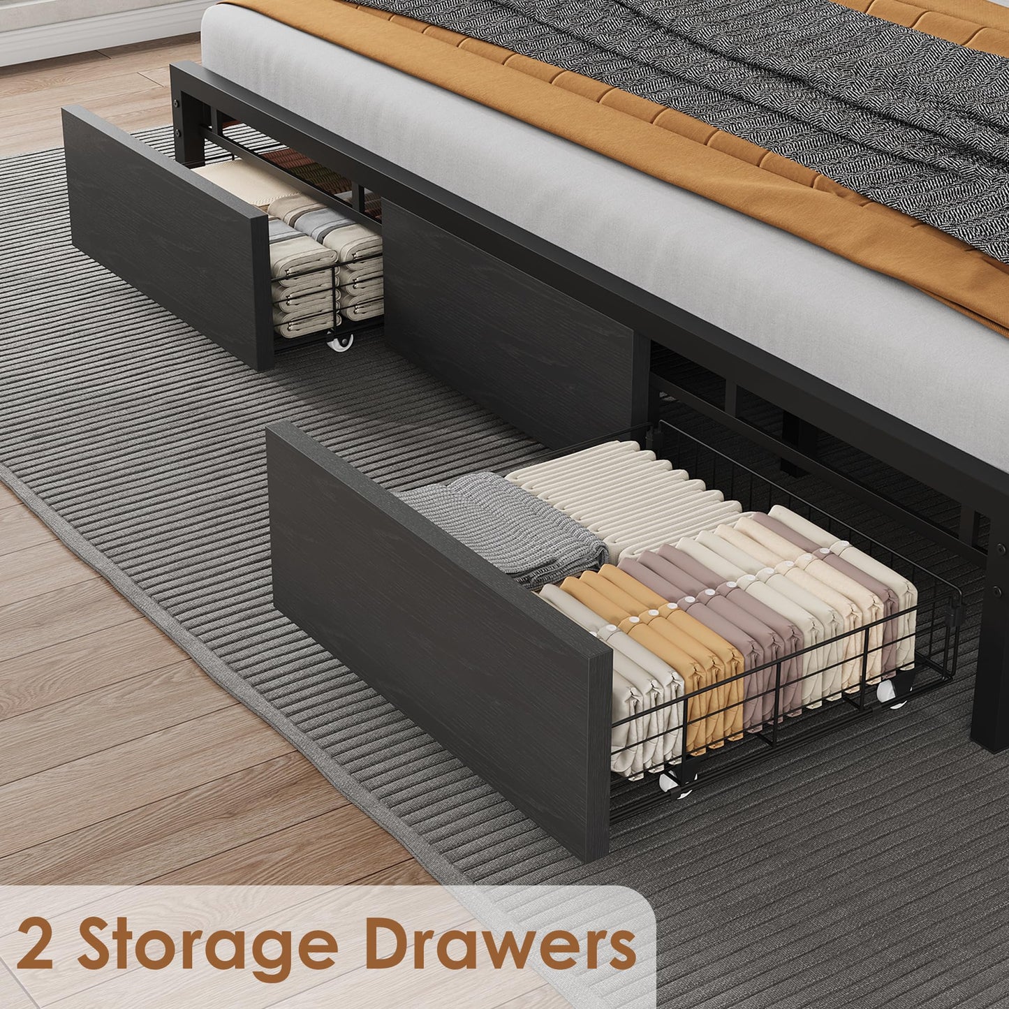 GarveeHome King Size Bed Frame with Storage Headboard, Black King Platform Bed with 2 Large Drawers and Charging Station, Industrial No Box Spring Needed Bedframe