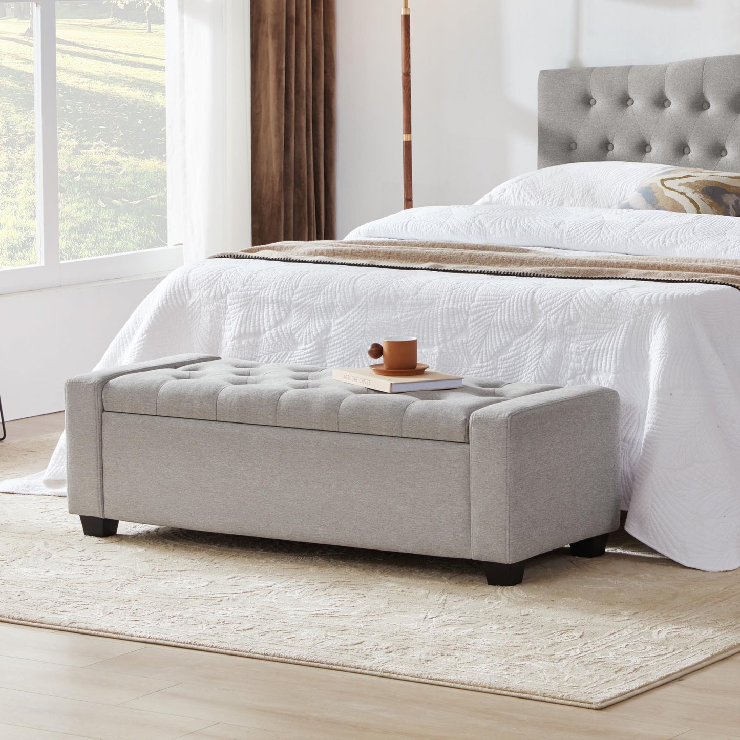 Huatean Home 48" Ottoman with Storage, Storage Ottoman Bench with Safety Hinge, Upholstered Entryway Bench with Seating for Bedroom, Living Room, Holds up to 330 lb(Light Gray)