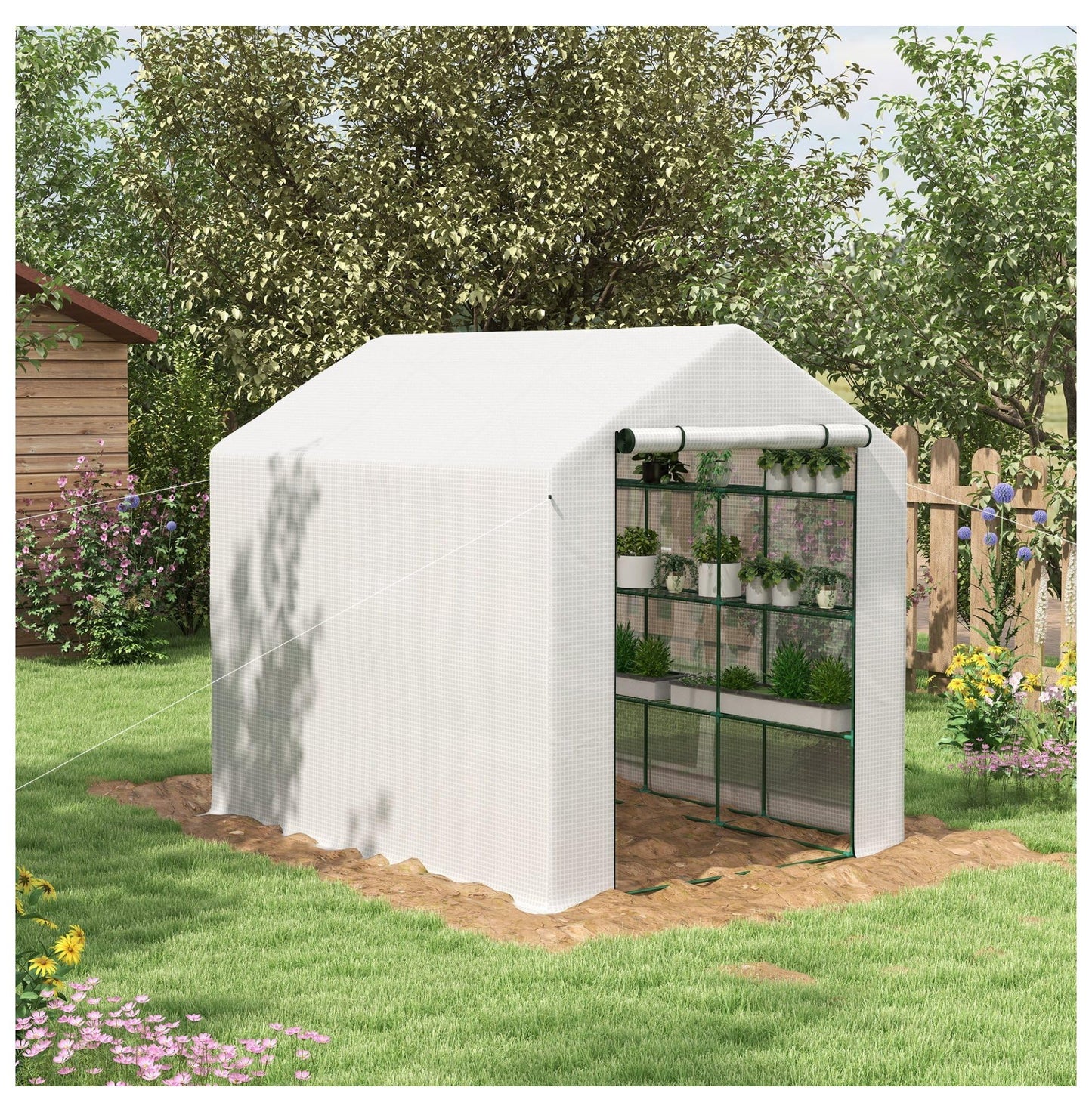 Walk-in Greenhouse Outdoor, 18 Shelves, PE Cover, 95.25x70.75x82.75in, White - Plant Growing Tent for Vegetables, Flowers, Tropical Plants