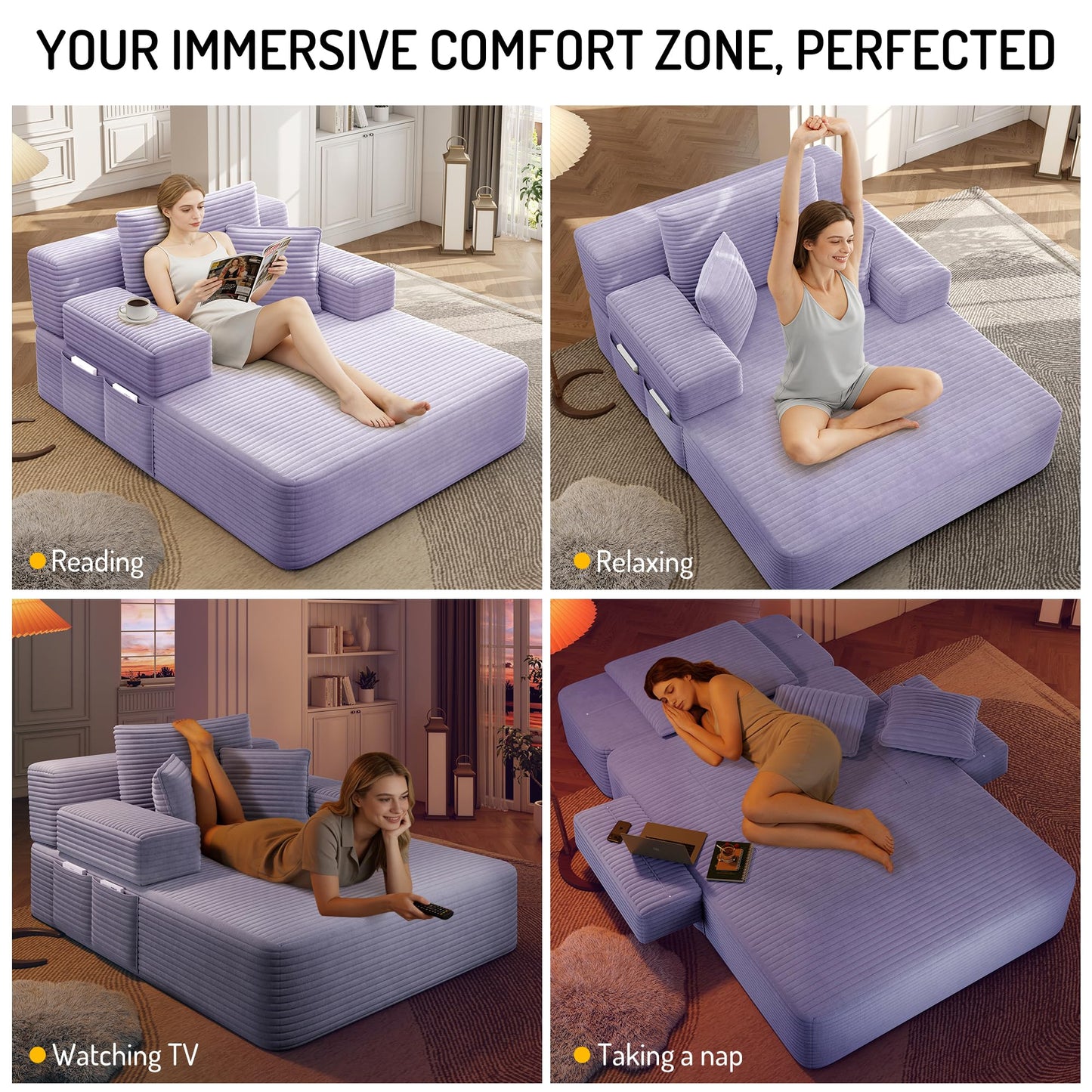 Oversized Convertible Chaise Lounge Chair Indoor, Corduroy Upholstered Boneless Sleeper Sofa Bed with Side Pockets, Modern Deep Seat Cloud Couch Reading Chairs for Living Room (Purple)