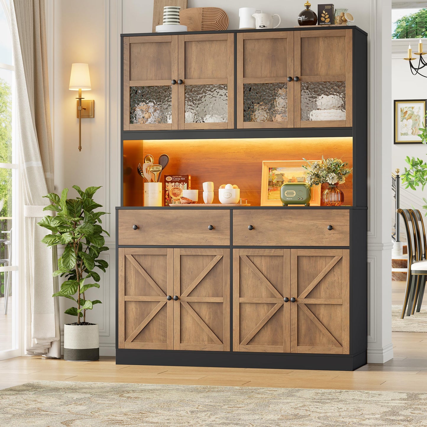 FINETONES 71" Pantry Cabinet with LED Light and Charging Station, Farmhouse Kitchen Pantry Cabinet with Microwave Stand, 47.2" Wide Kitchen Hutch Food Pantry with Open Countertop, Black/Brown