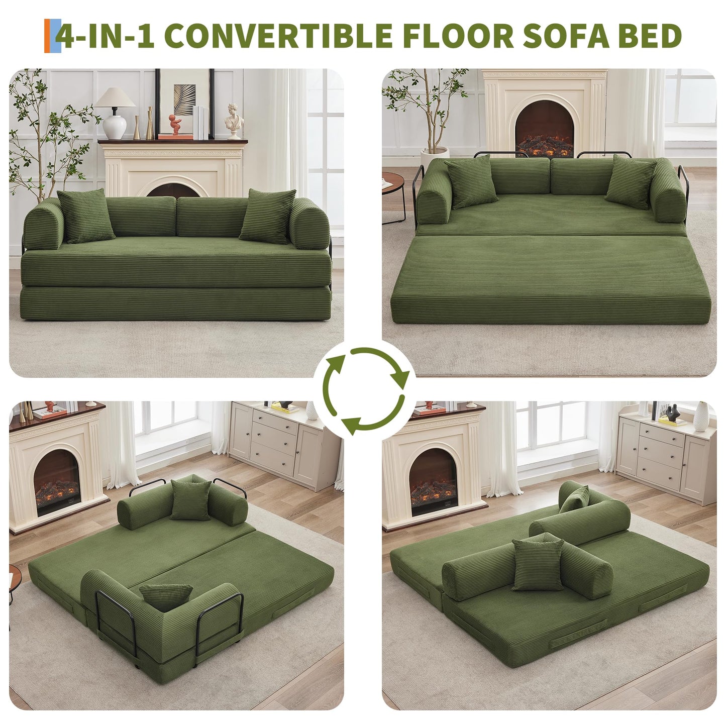 GarveeHome 79" Convertible Sleeper Sofa Bed Couch, 4-in-1 Boneless Corduroy Folding Sofa Bed with Pillow & Fixed-Shape, Floor Mattress Couch Loveseat for Living Room Apartments - No Assembly, Green