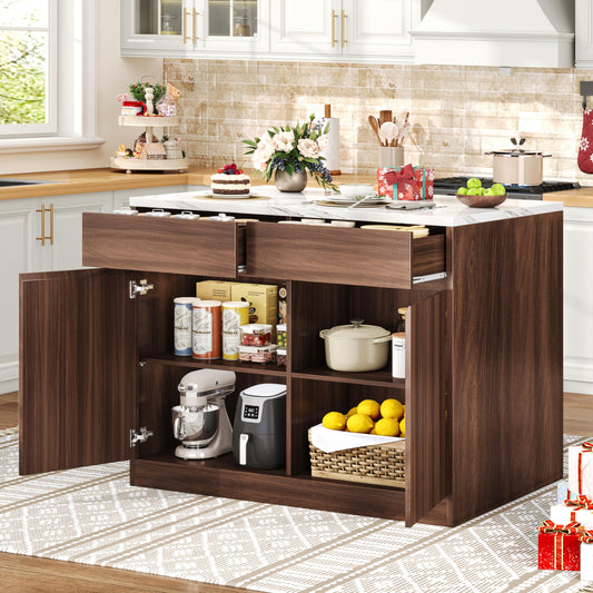 Kitchen Island with Storage, 47.2" Large Faux Marble Countertop Kitchen Island with 2 Drawers and Adjustable Shelves, Coffee Bar Station, Beveled Edge Door Cabinet, Dining Table for 2-4 People, Walnut