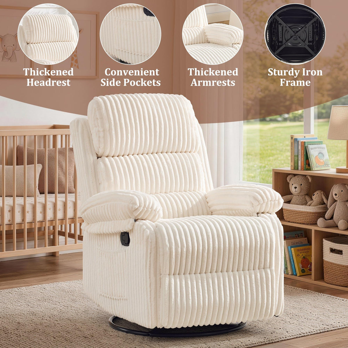 Korser Rocking Recliner Chair, Nursery Rocker Chair for Adults, Small Recliners for Small Spaces, Swivel Rocker Recliner with Cushion, Upholstered Rocking Chairs for Living Room, RV, Corduroy