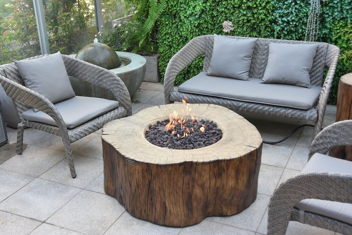 Elementi | Manchester Gas Fire Pit Cast Concrete Semi-Round Fire Table, Outdoor Fire Pit Electronic Ignition | Canvas Cover, Lava Rock Included | Red Wood (Propane Gas)