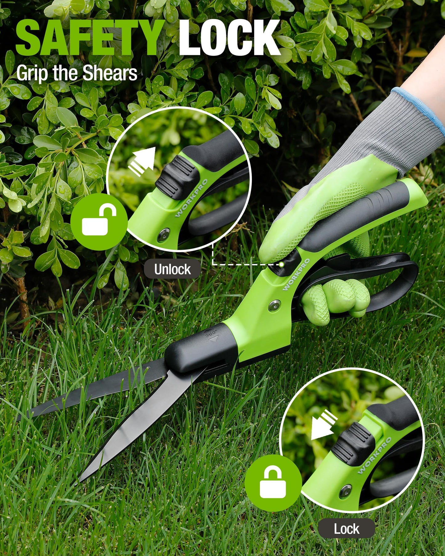 WORKPRO Grass Shears Handheld, Ultra-Sharp Grass Clippers with 360 Degree Swivel Blades, Manual Grass Cutter with TPR Coated Handle, 15 Inch Garden Shears, Gardening Scissors for Precise Lawn Trimming