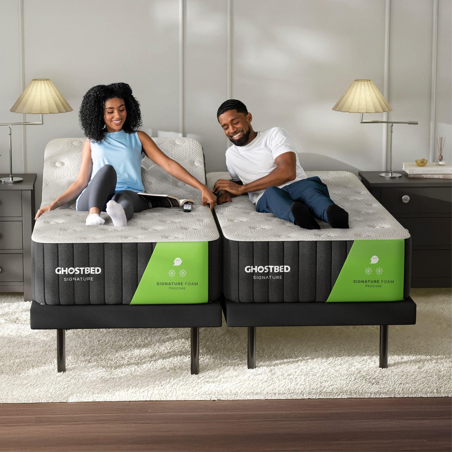 GhostBed Adjustable Base + Signature Hybrid 12” Split King Mattress Bundle – Cooling Memory Foam & Innerspring Hybrid Bundle – Electric Adjustable Bed Frame Power Base with Zero Gravity, Massage