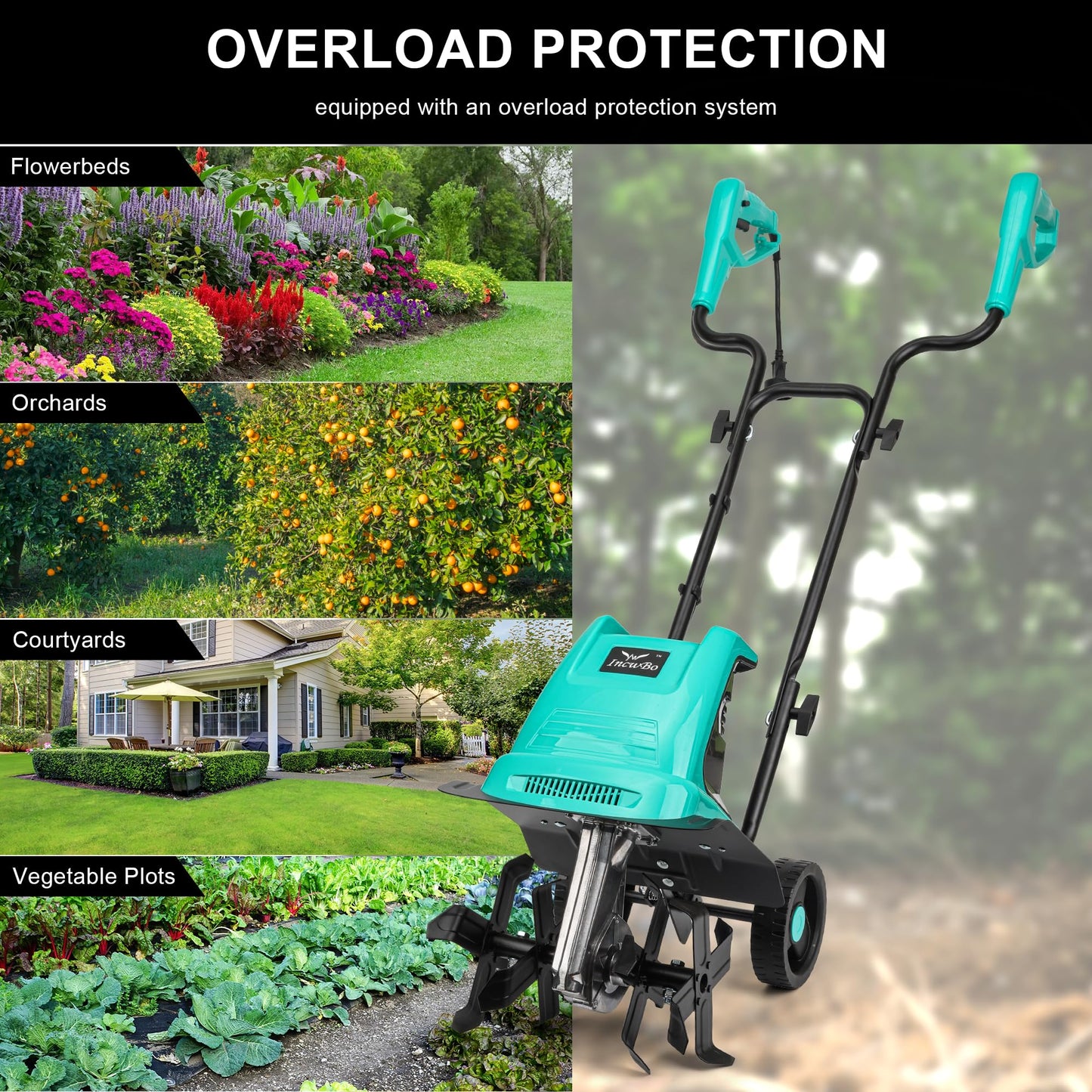 IncwBo Electric Rototiller Garden Tiller 12 Inch Tilling Width 8-Inch Electric Tiller 10.5 Amp Tiller Cultivator for Garden Yard