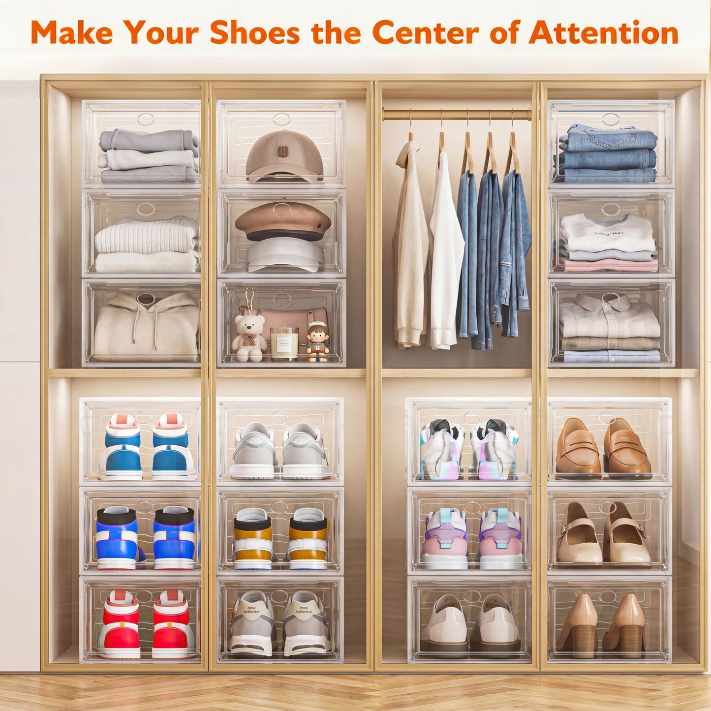 7 code Shoe Organizer, Clear Thickened Stackable Shoe Boxes with Magnetic Door, Collapsible Closet Storage Rack for Sneakers & Boots, 6 Pack White, Virgin Material, Not Recycled Plastic for Household