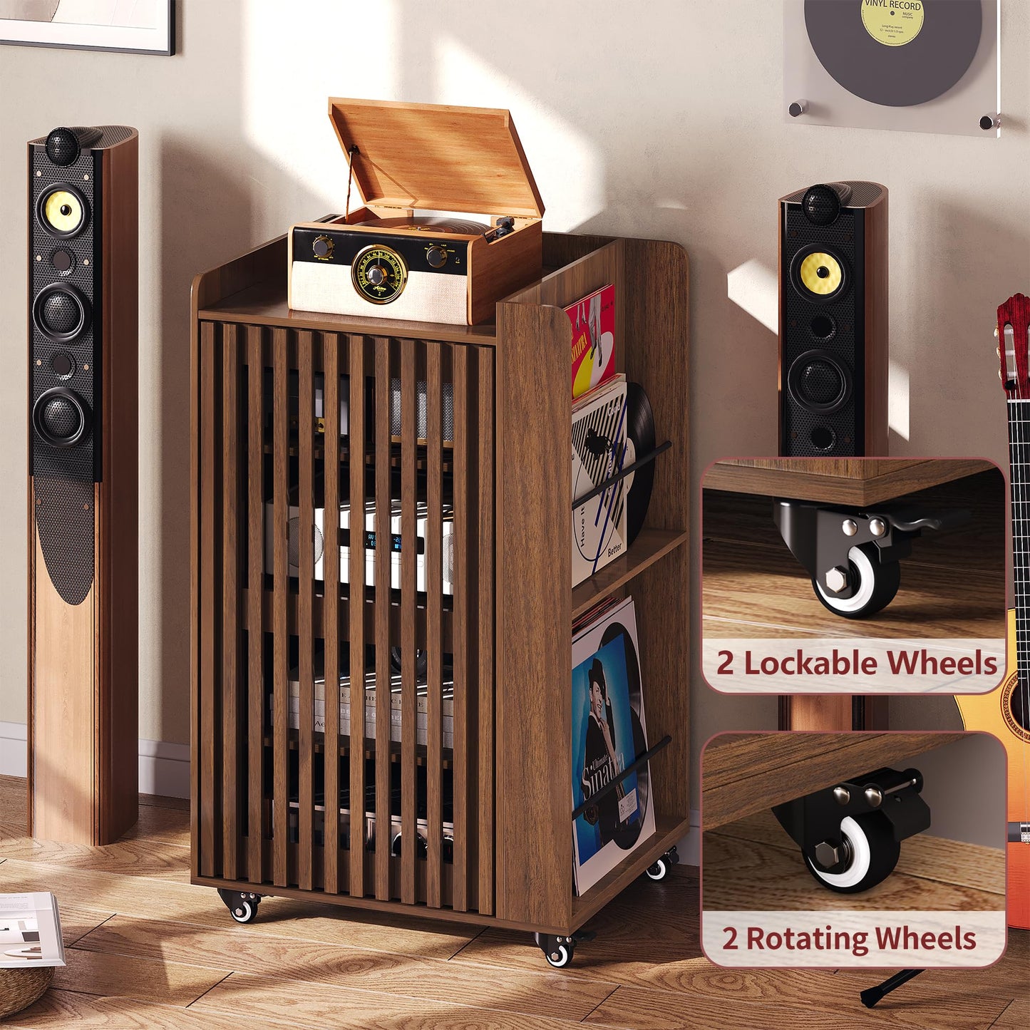 Rolling Media Cabinet with Side Vinyl Record Storage, 5-Tier Large Stereo Cabinet with Door and Cable Management, Audio Video Shelf for Living Room Gaming Room Music Room (Walnut)
