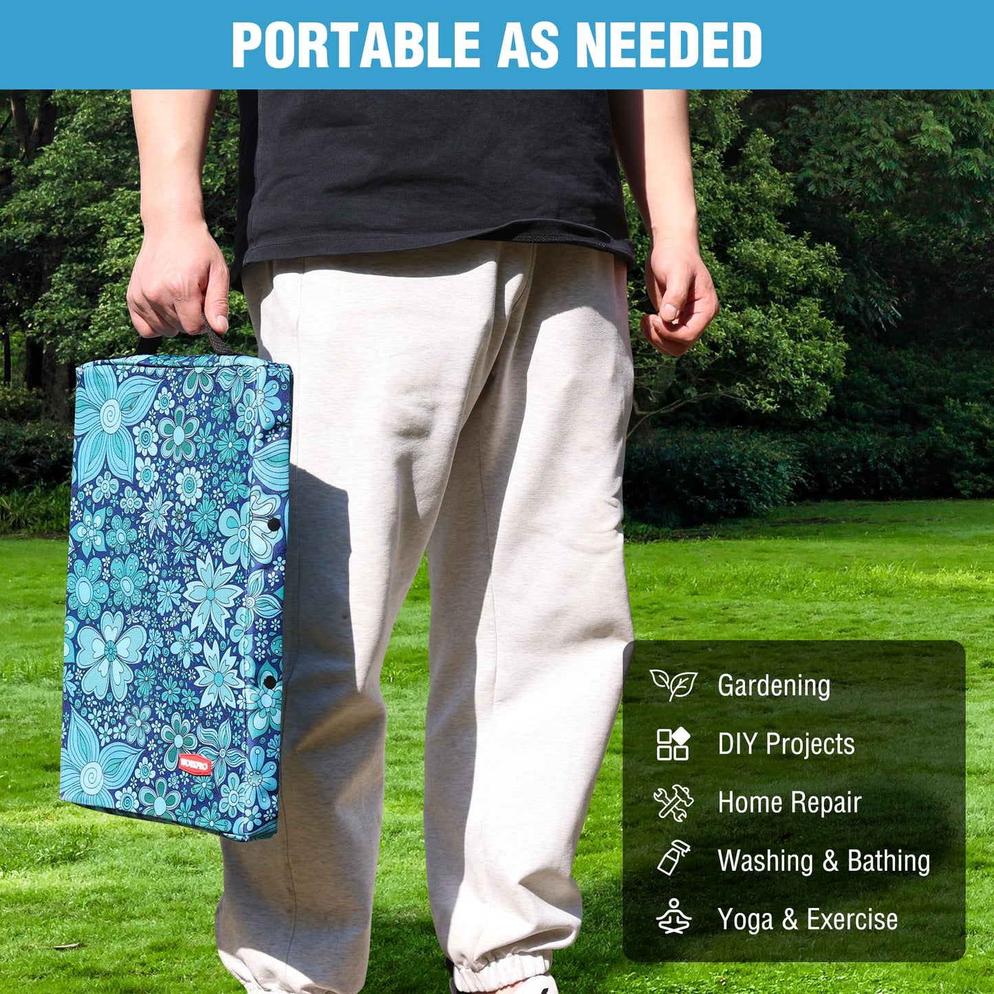 WORKPRO 17" Kneeling Pad with Removable Cover, Blue Floral Printing