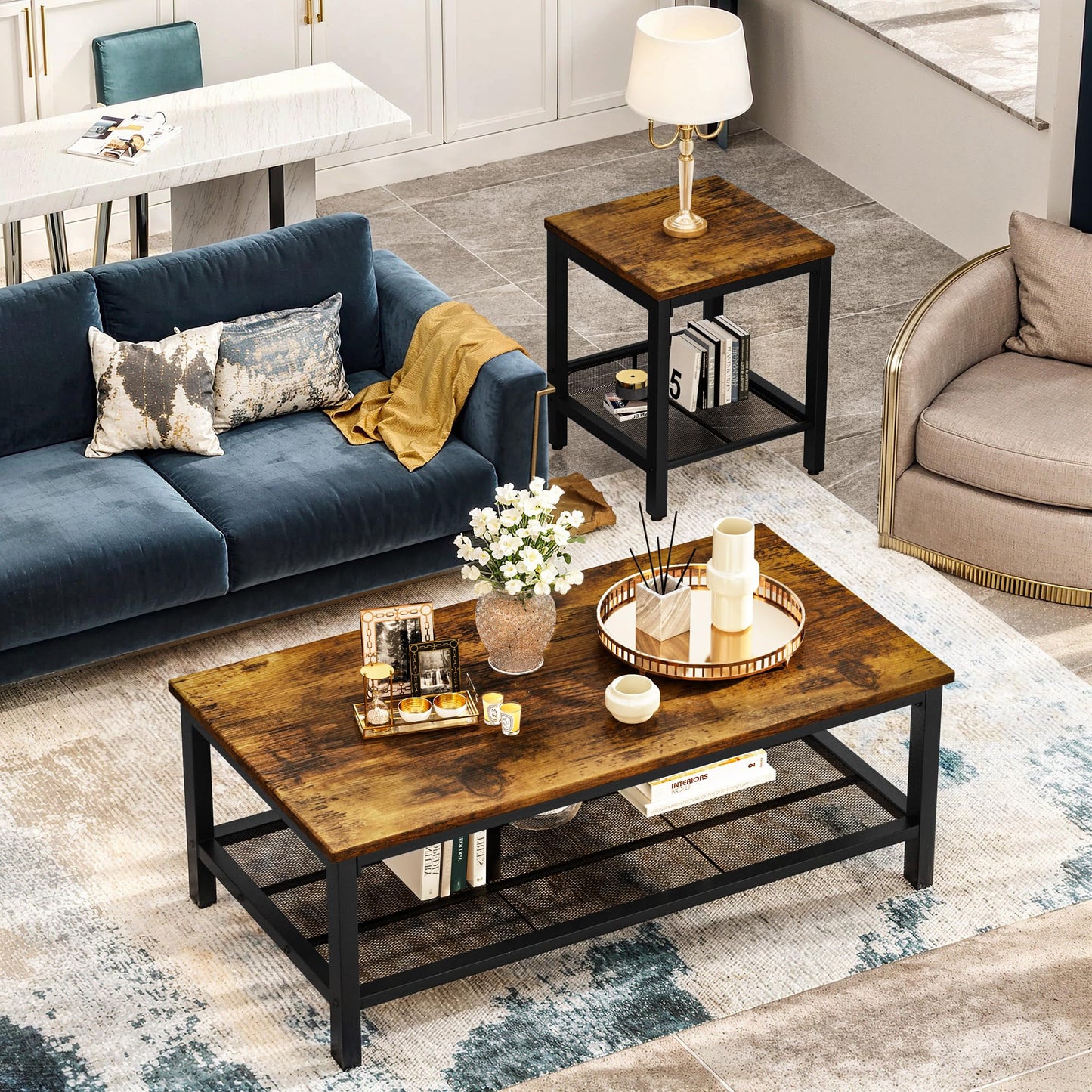 AWQM Coffee Table Industrial Coffee Table with 2 Square End Side Tables, Modern Living Room Table Set with Metal Frame for Apartment Home Office, Rustic Brown Set001