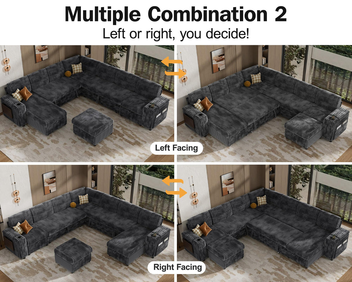 Sunny Heart 130" Modular Sectional Sleeper Sofa with Pull Out Bed, 9 Seat Corduroy L Shaped Couch with Ottoman and Chaise|USB Ports|Cup Holders|Side Table, Tool Free Assembly, Grey