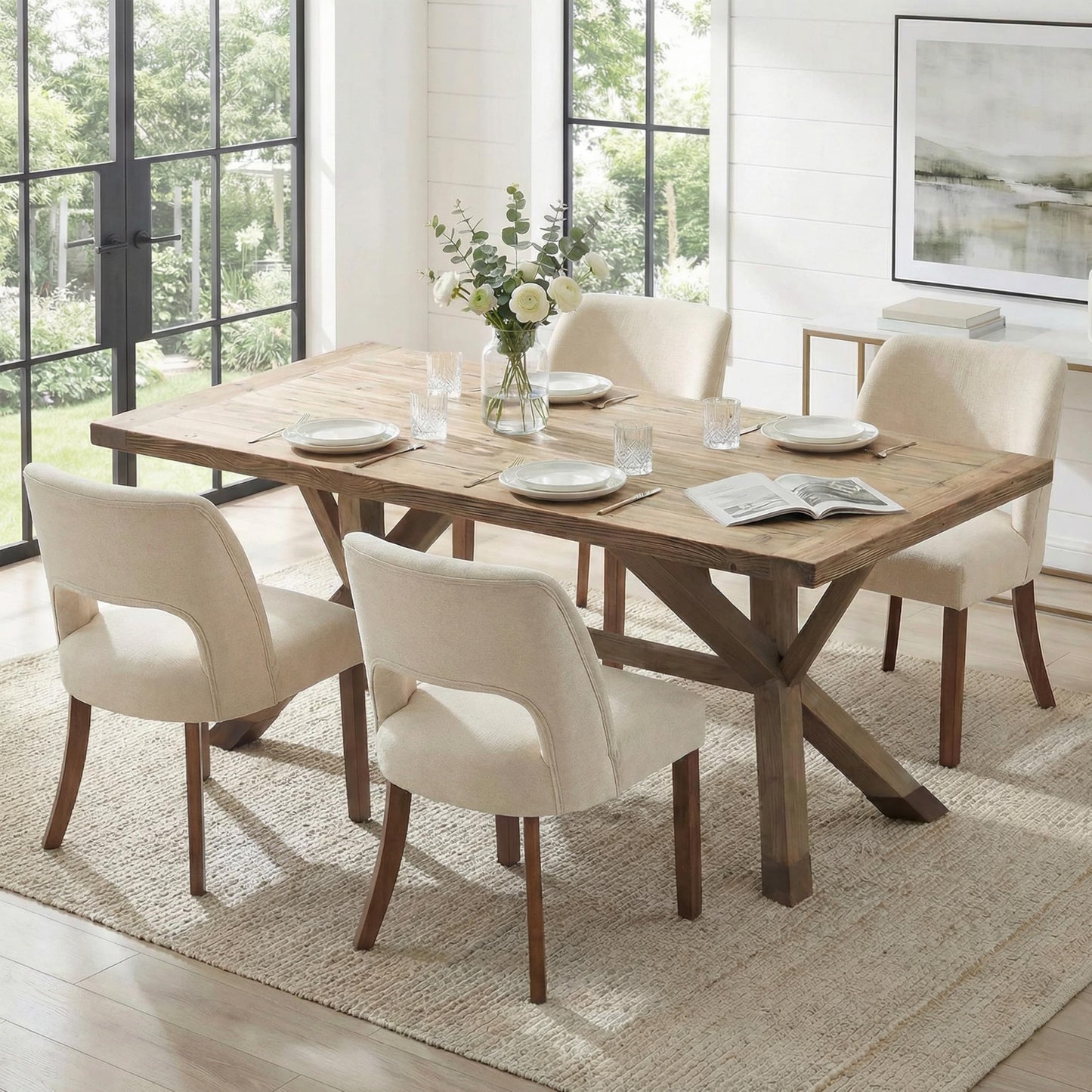 keoni Wooden Dining Chairs Set of 4, Mid Century Modern Upholstered Dining Room Chairs with Rubberwood Legs, Fabric Farmhouse Kitchen Chairs with Foot Pegs for Dining Room, Beige