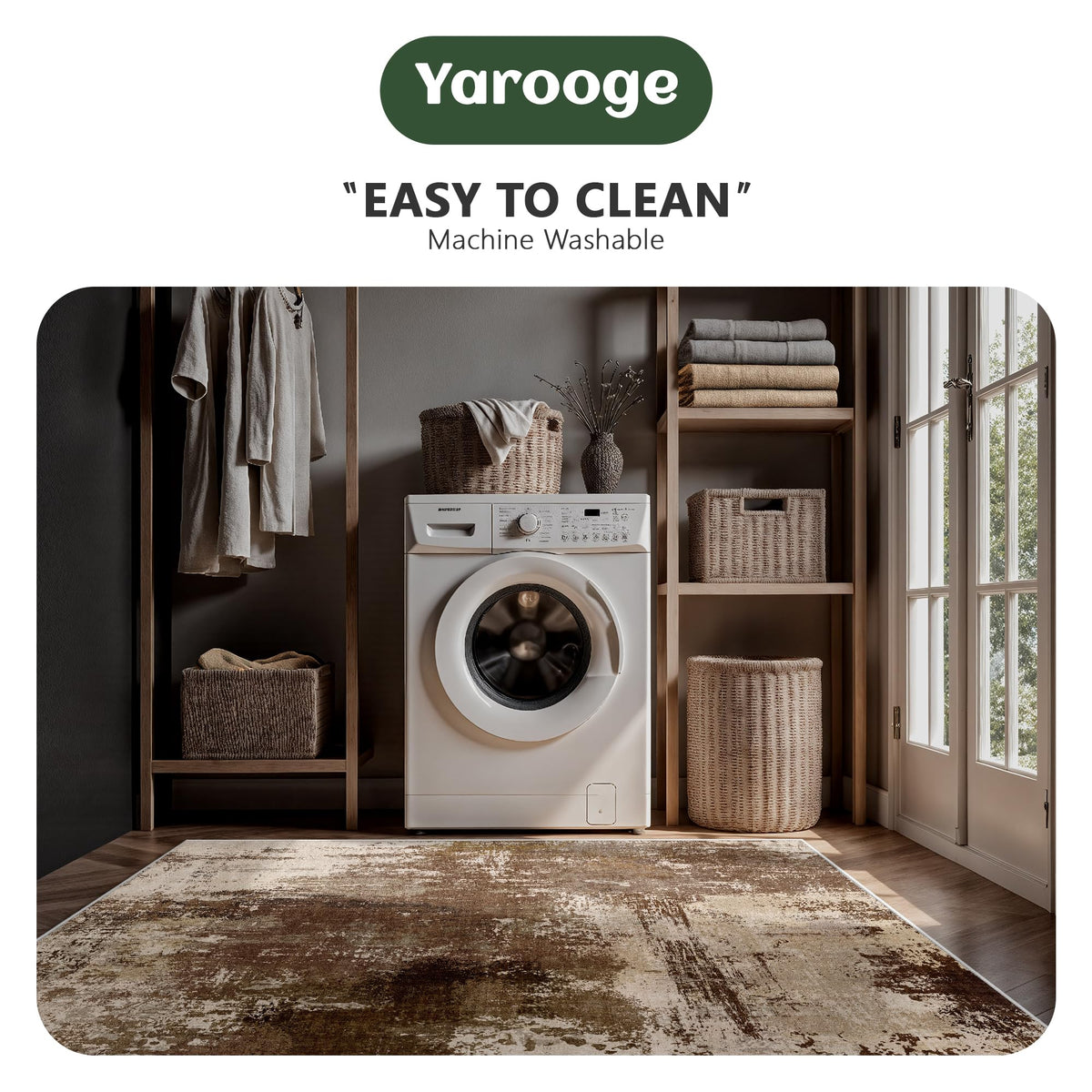 Yarooge 8x10 Rugs for Living Room - Modern Abstract Low Pile Washable Rug, Ultra Soft Non Slip Large Rugs, Floor Carpet for Bedroom Dining Room Office Laundry Nursery Home(Brown)