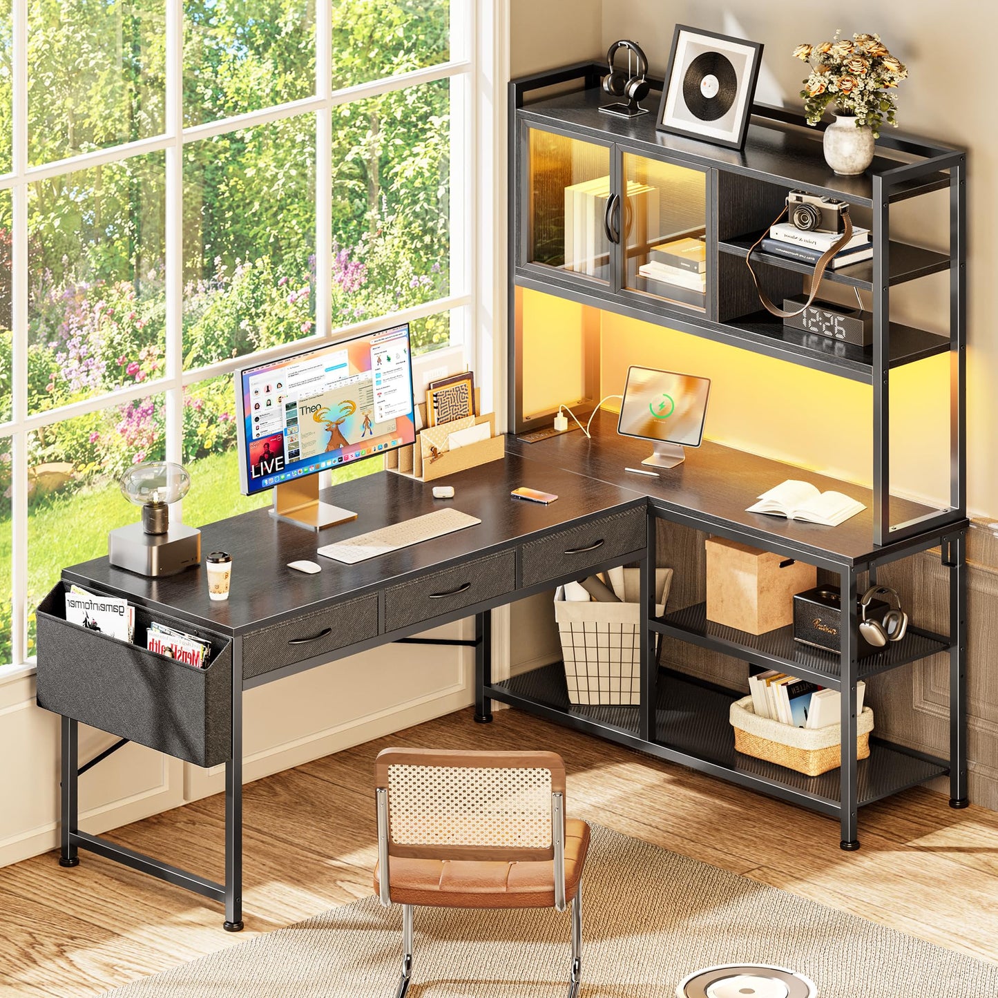 PRAISUN 57.5" Reversible L-Shaped Desk with LED Lights & Power Station