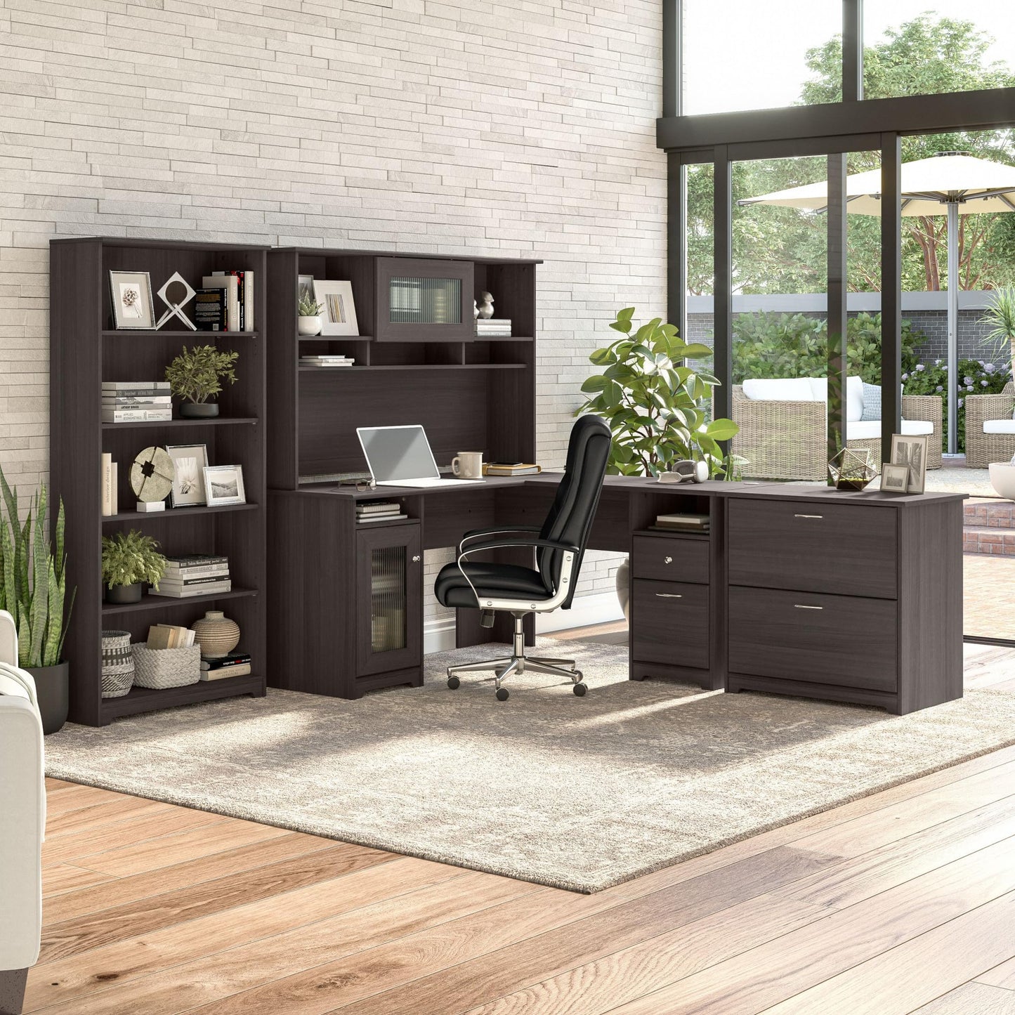 Bush Furniture L Shaped Desk with Hutch, 5 Shelf Bookcase and Lateral File Cabinet | Cabot Collection Corner Computer Table with Storage and Bookshelf