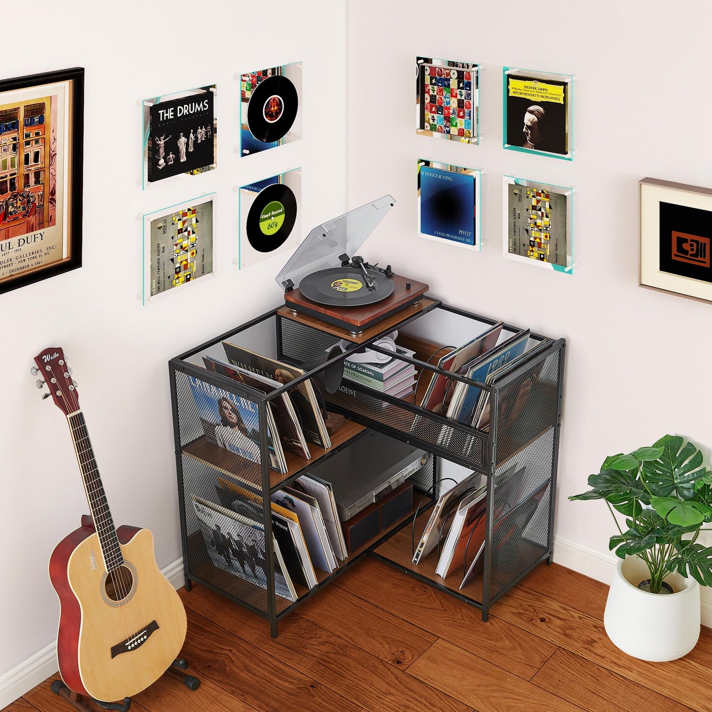 MAHYIZYI Record Player Stand with Vinyl Storage Cabinet, Stretchable 32-63'' Turntable Table Open Shelf Up to 450 Albums, Cube Storage Organizer for Living Room, Music room