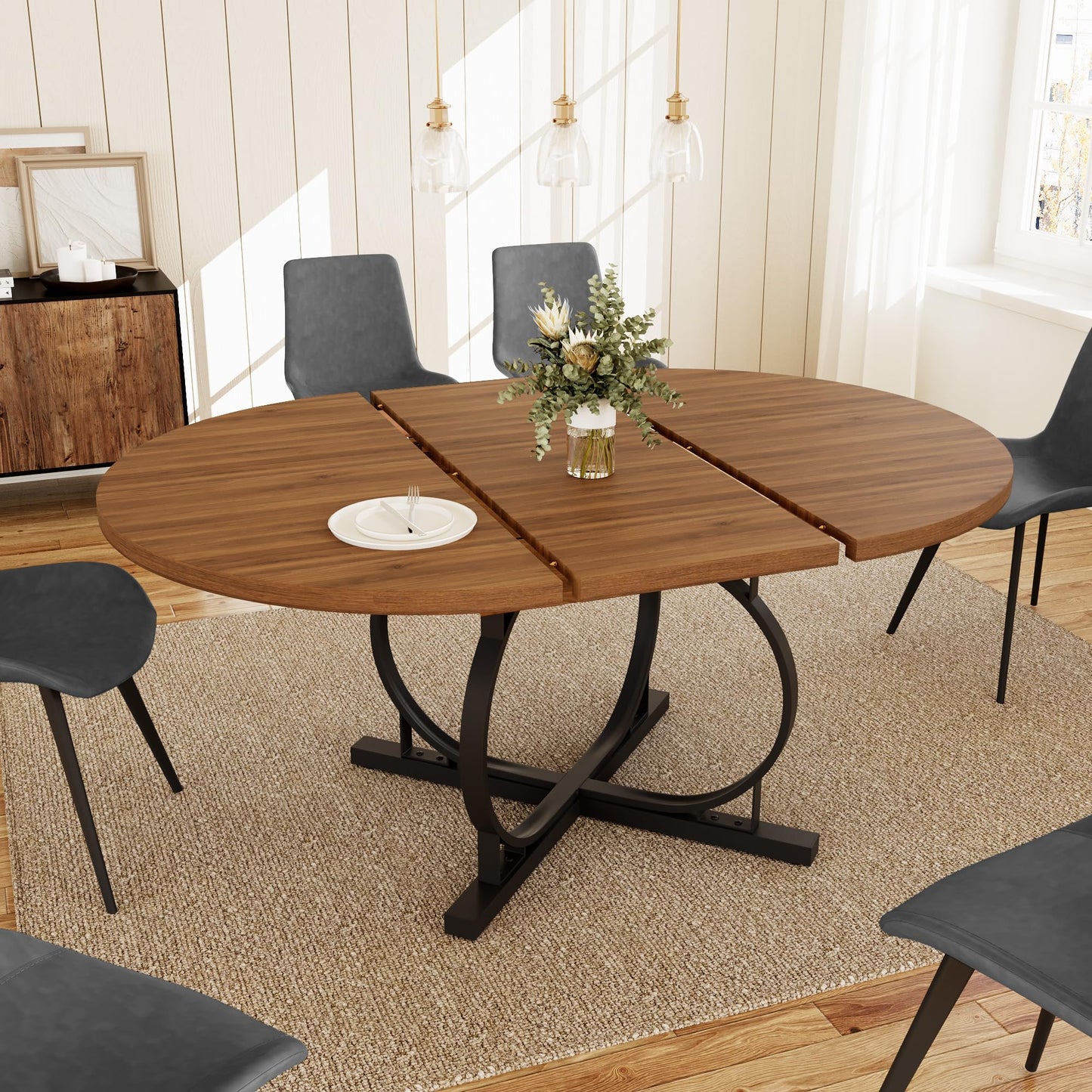 HIPIHOM Extendable Round Dining Table Set for 6 People, 43.3"-59" Extendable Kitchen Table with 6 Upholstered Chairs, Space Saving for Kitchen Dining Room (Walnut Table+6 Grey Chairs)