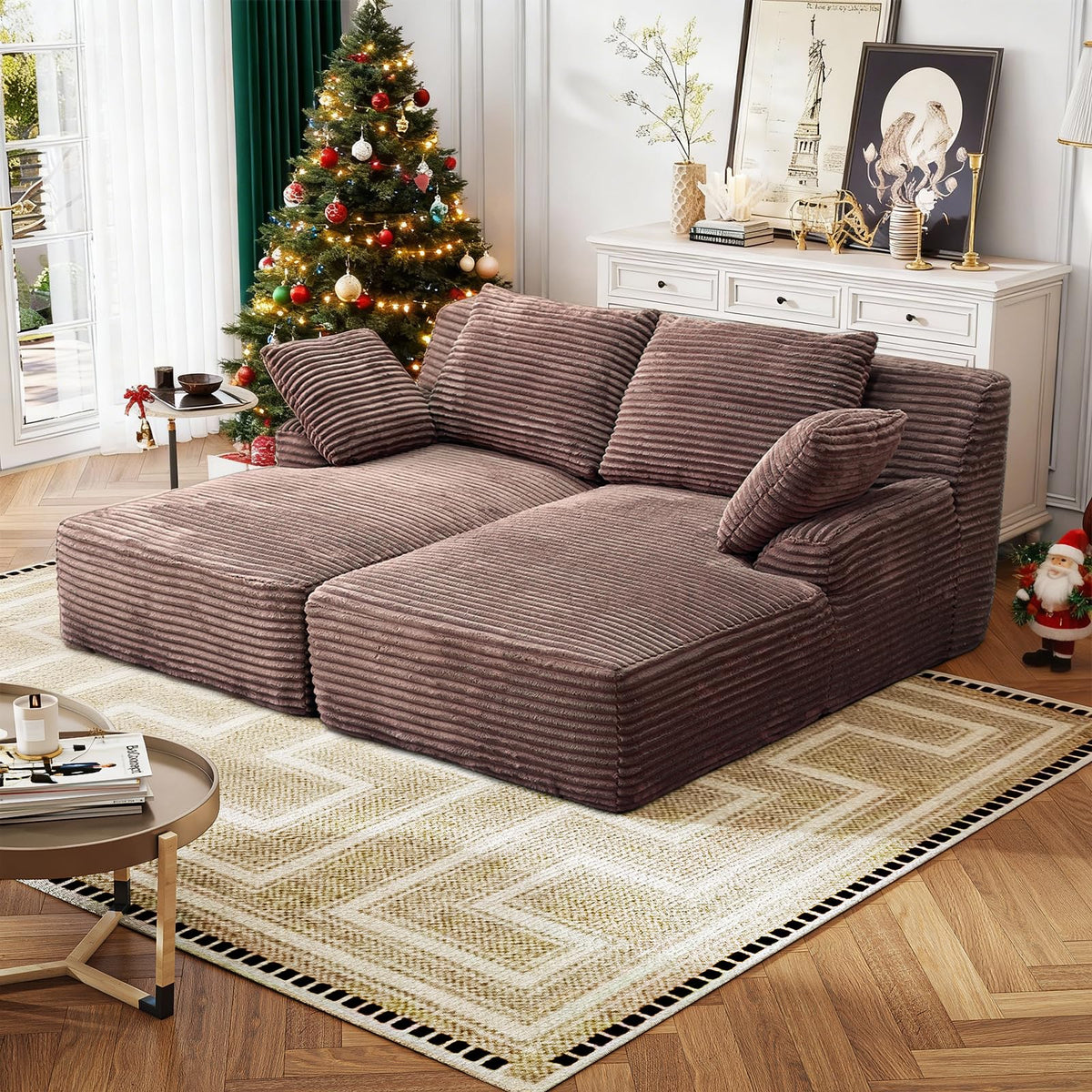 Forrise Oversized Chaise Lounge Chair Indoor, Corduroy Upholstered Boneless Sofa Bed, Deep Seat Sleeper Couch Reading Chairs, Cloud Sofas for Living Room, No Assembly Required (Brown, Double Size)