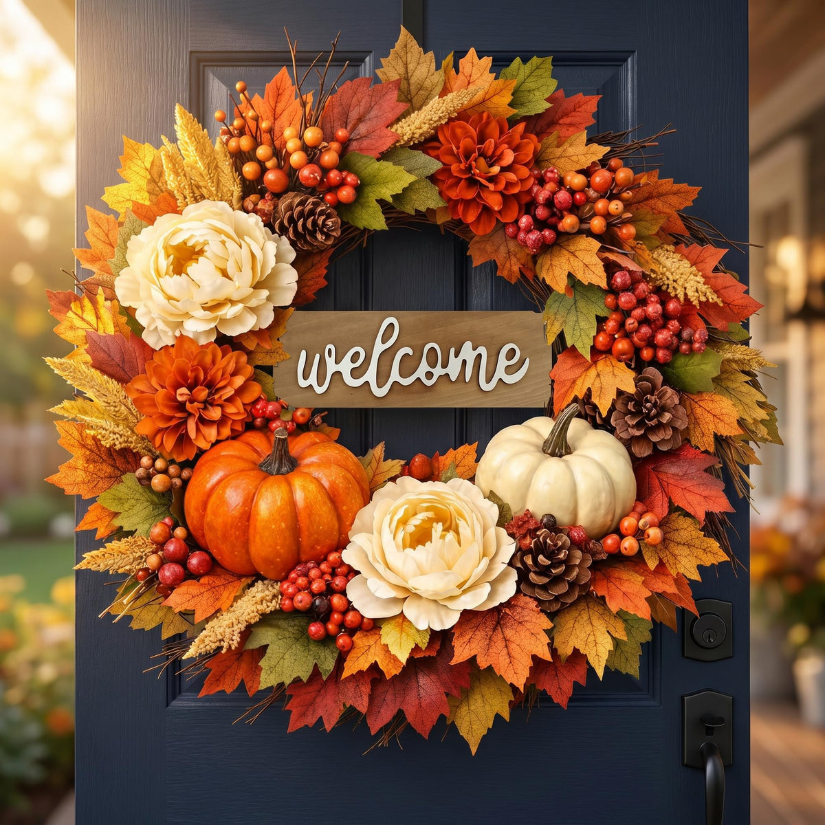 24 Inch Fall Wreaths for Front Door with Welcome Sign.