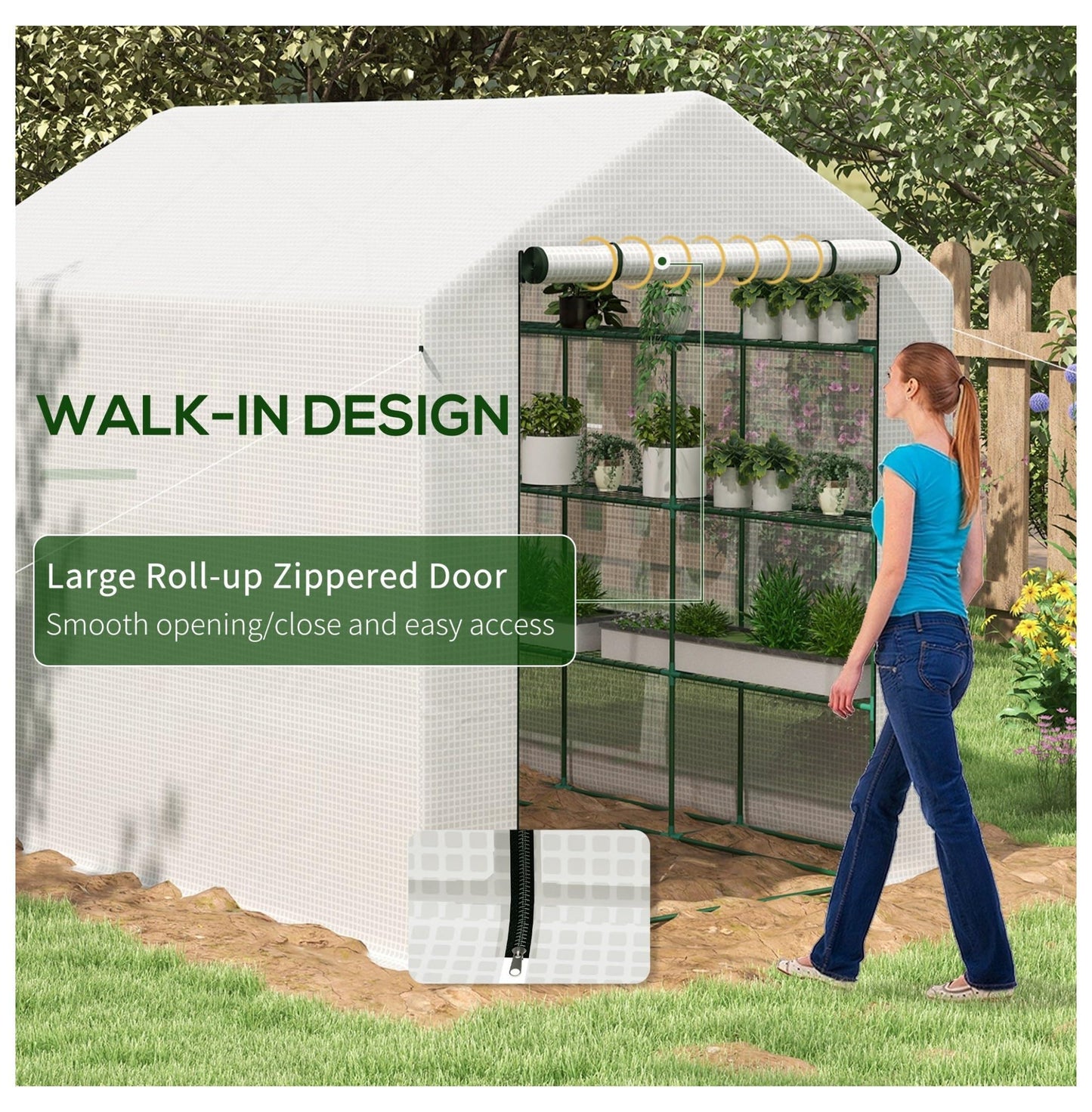 Walk-in Greenhouse Outdoor, 18 Shelves, PE Cover, 95.25x70.75x82.75in, White - Plant Growing Tent for Vegetables, Flowers, Tropical Plants