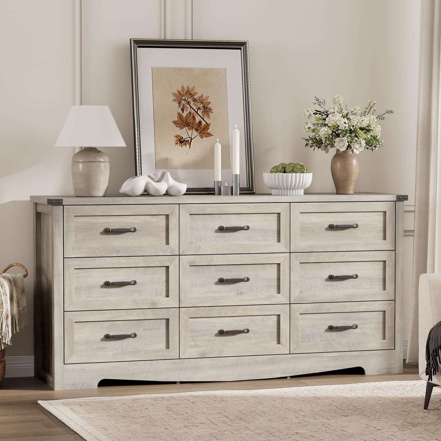 Dresser for Bedroom with 9 Drawers, 59" Wide Wood Chest of Drawers with Deep Drawers & Mental Handle, Modern Dresser TV Stand, Wooden Closet Storage Organizer for Living Room, Hallway, Entryway, Grey