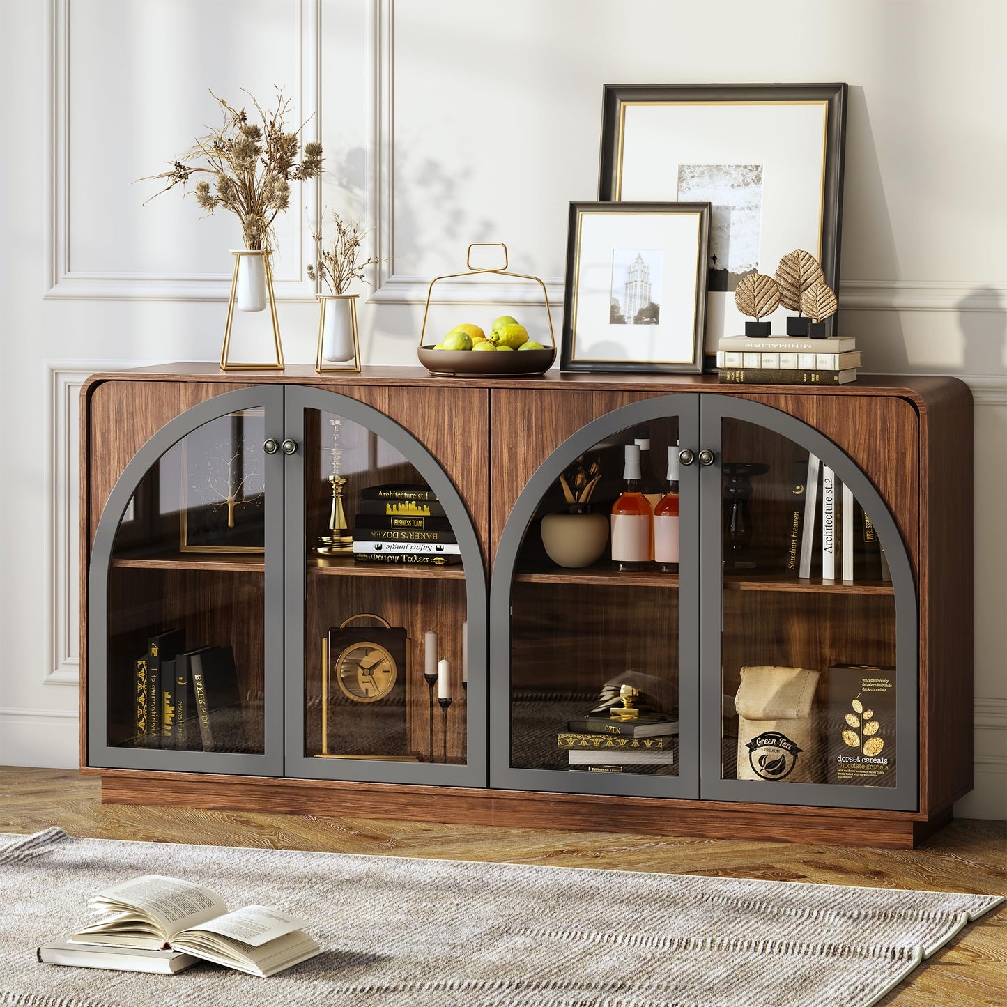 beronbaer Sideboard Buffet Cabinet with Storage, 68" Walnut Credenza Accent Cabinet Buffet Table w/4 Arched Glass Doors & LED Light, Modern Coffee Bar Liquor Cabinet w/2 Shelves for Kitchen Entryway