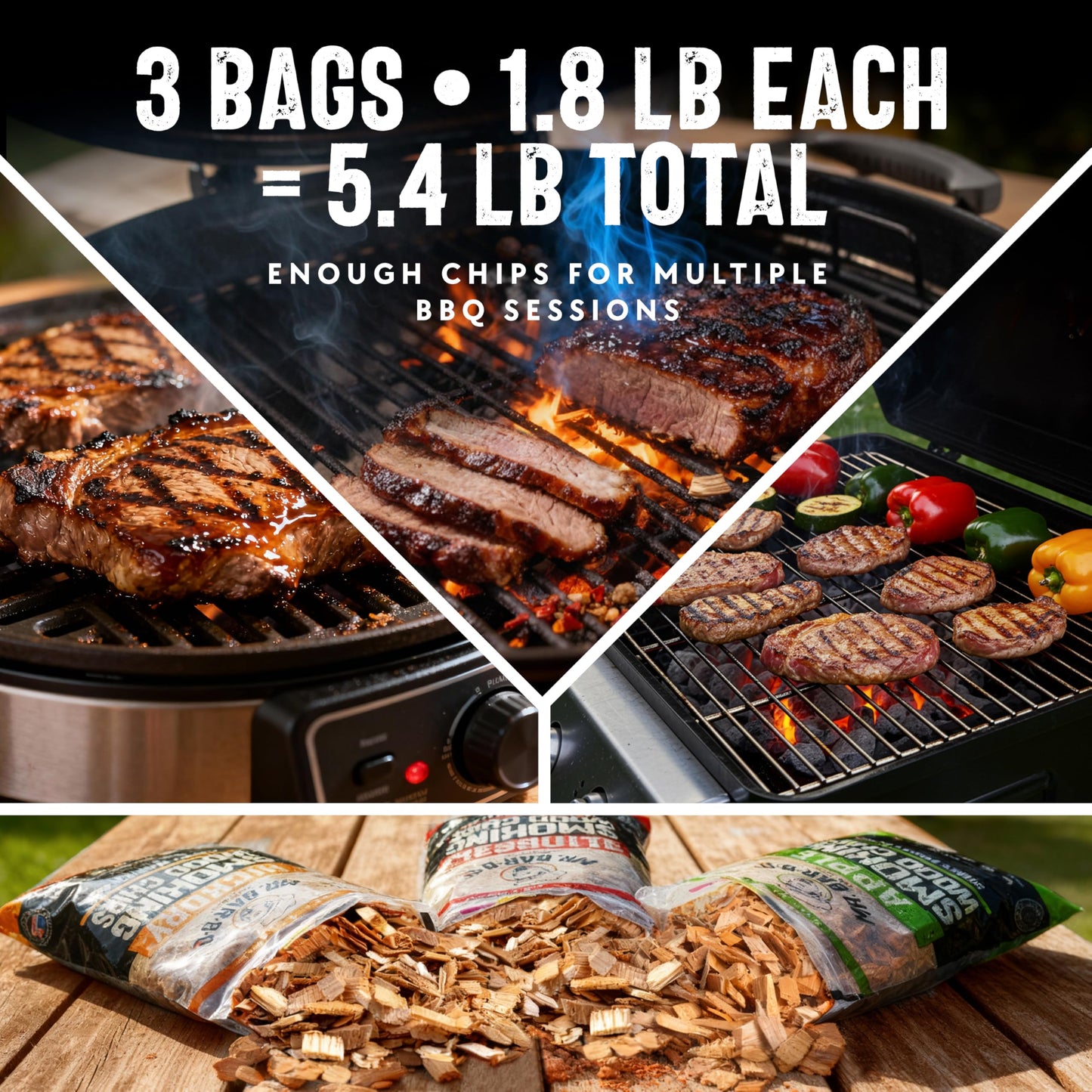 Wood Smoker Chips Bundle of 3 Flavors - Apple, Mesquite & Hickory Wood Chips by Mr. Bar-B-Q, Can be Used on Gas & Charcoal Grill, Variety of Flavors for Smokers, Grilling, BBQ, Camping(3 x 1.8 Lb Bag)