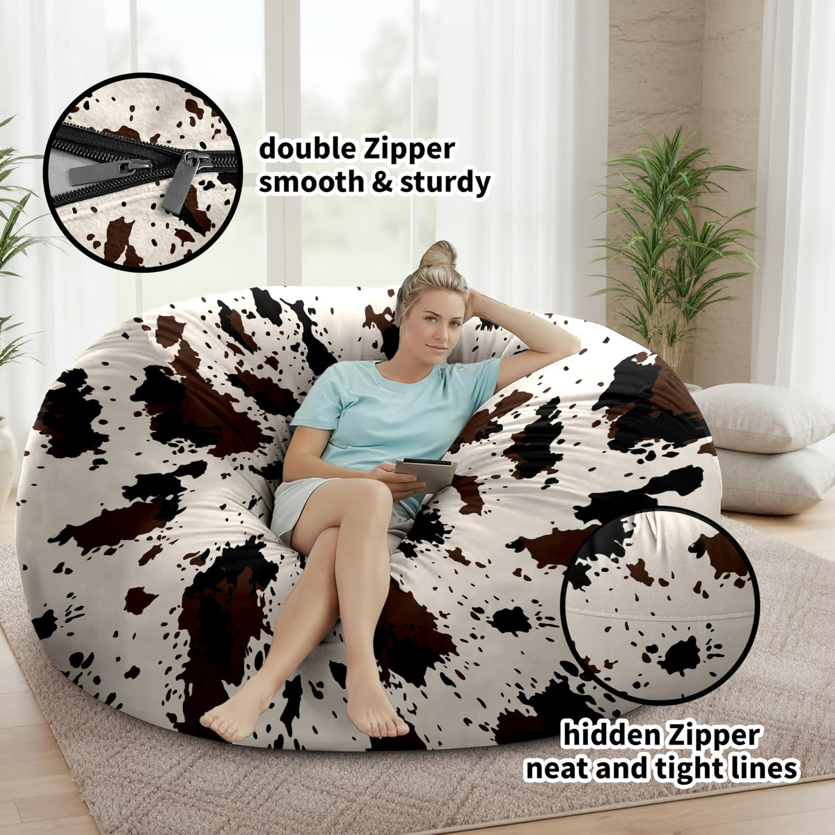 6FT Bean Bag Cover (No Filler), Cow Print Giant Bean Bag Chair Cover