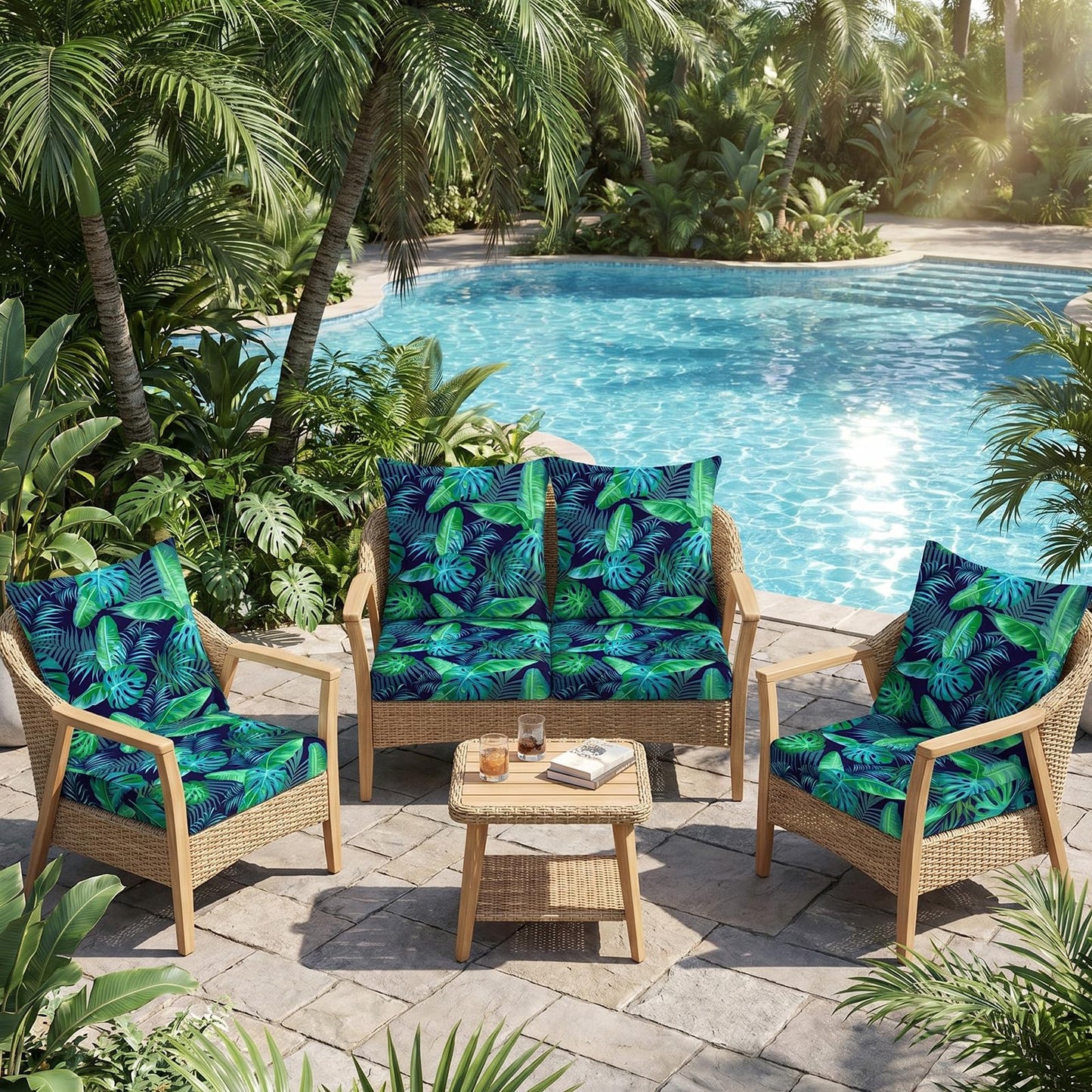 pickyNproud 8Pcs Patio Cushion Covers Stretch Outdoor Couch Cushions Slipcovers Replacement Washable Furniture Protector with Elastic Bottom Sofa Chair Seat Cover, Palm Leaves