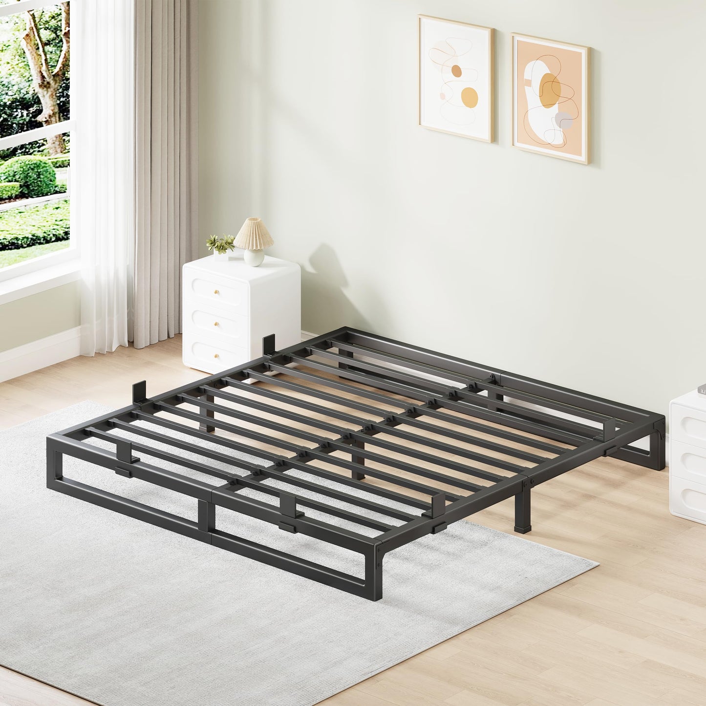 Cresyfu King Size Bed Frame, 6 Inch Metal Platform Bed Frames with Squeak Free U-Slot Design, 6 Non-Slip Guards, 3500lbs Heavy Duty Steel Slat Support, No Box Spring Needed, Under Bed Storage, Black