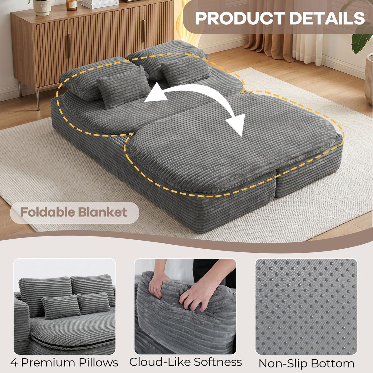 IZLKQC 75'' Folding Sleeper Sofa Bed, Memory Foam Boneless Couch