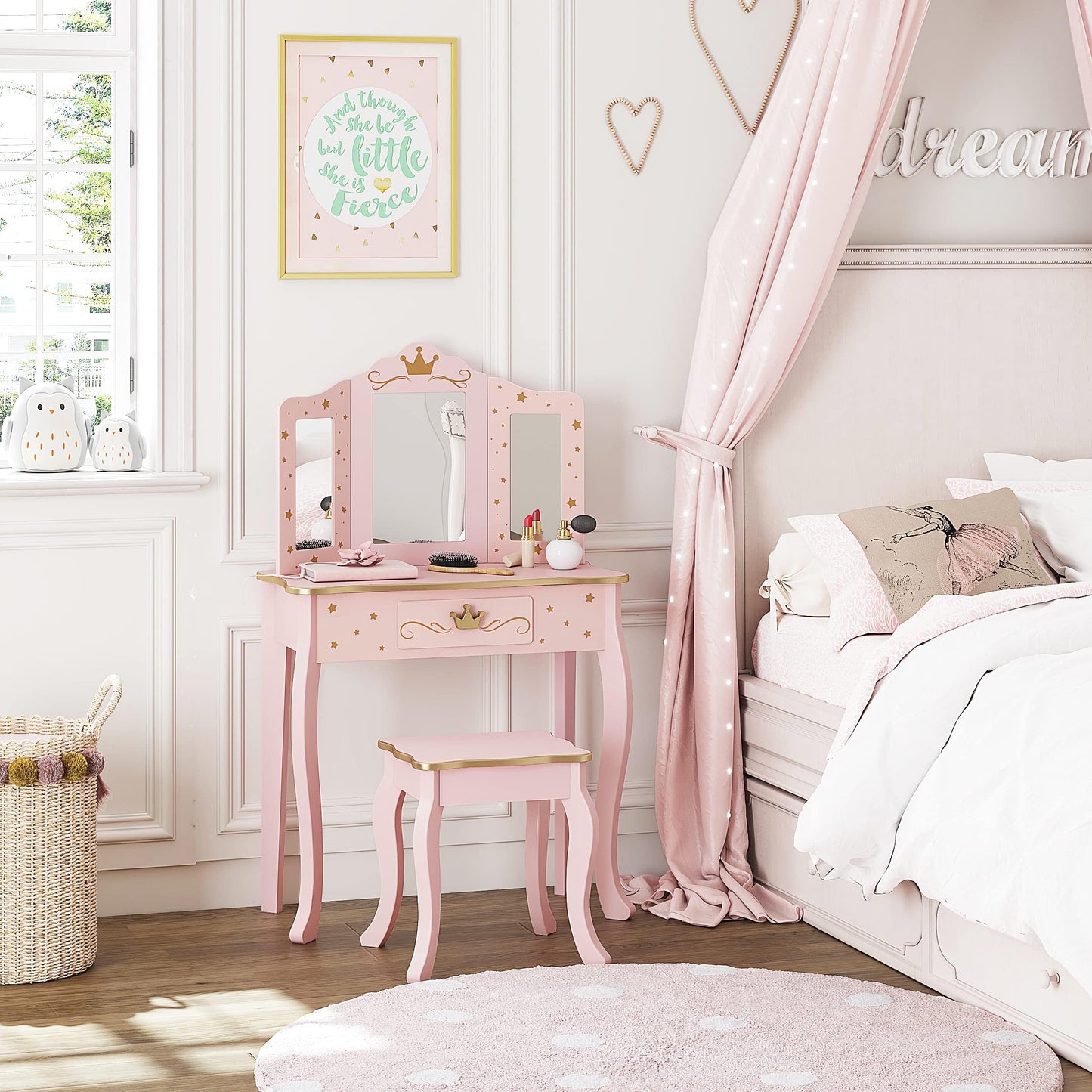 UTEX Kids Vanity Set with Mirror and Stool, Kids Make Up Vanity Desk with Mirrror for Little Girls, Children Makeup Dressing Table with Drawer, Pink